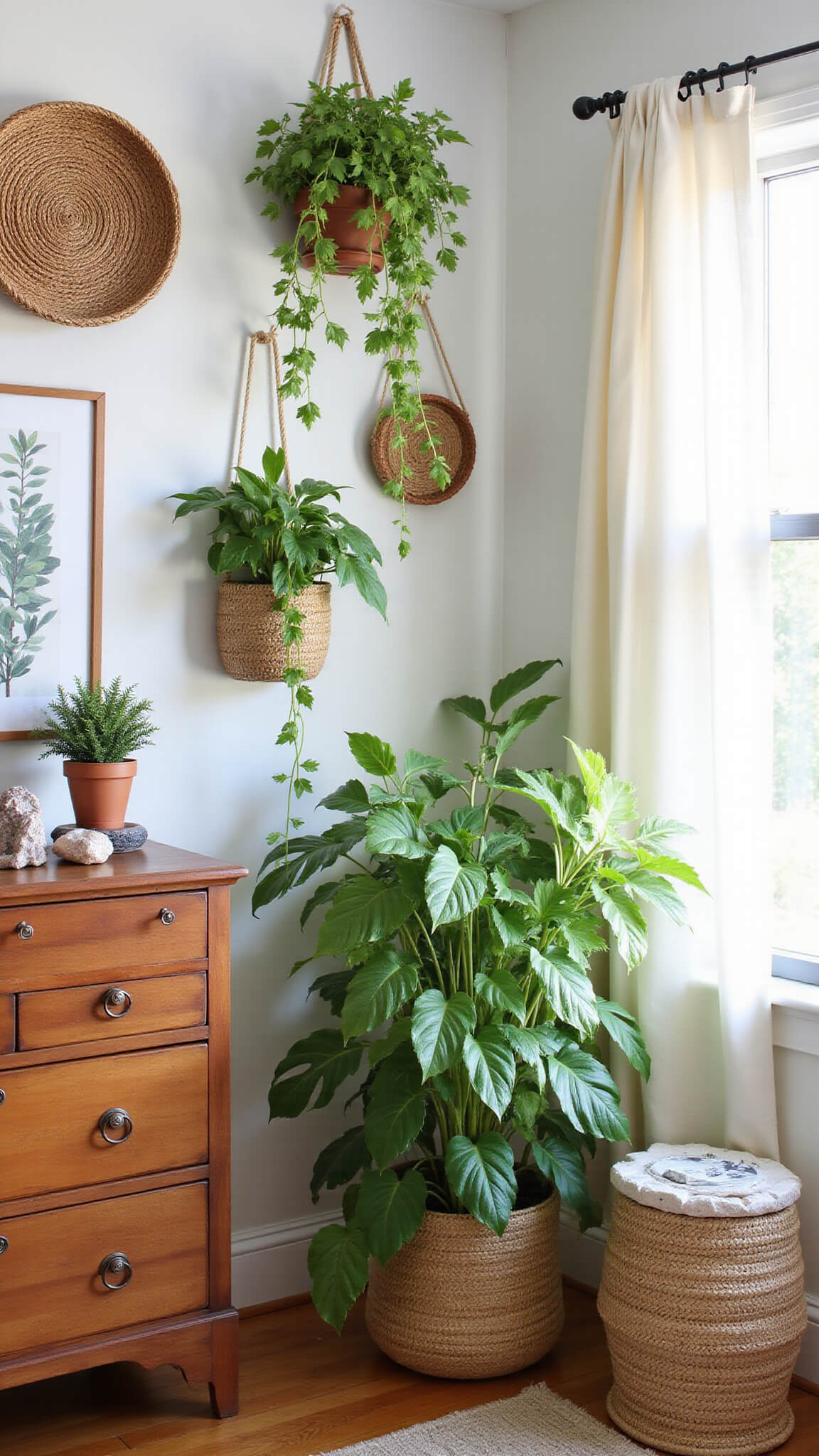 Bright bedroom corner with vertical garden of pothos and snake plants, Victorian dresser showcasing crystals and ceramics, and decorative wall art in natural morning light.