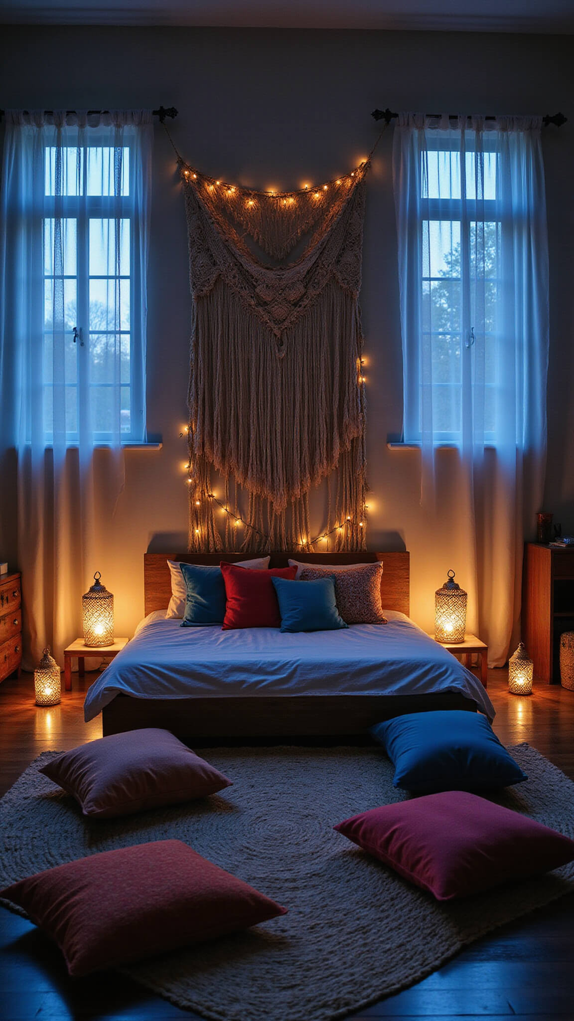 Dreamy 16x14ft bedroom at blue hour with sheer curtains, Moroccan lanterns, string lights, macramé headboard, natural fiber rug, jewel-toned floor cushions, and low meditation table.