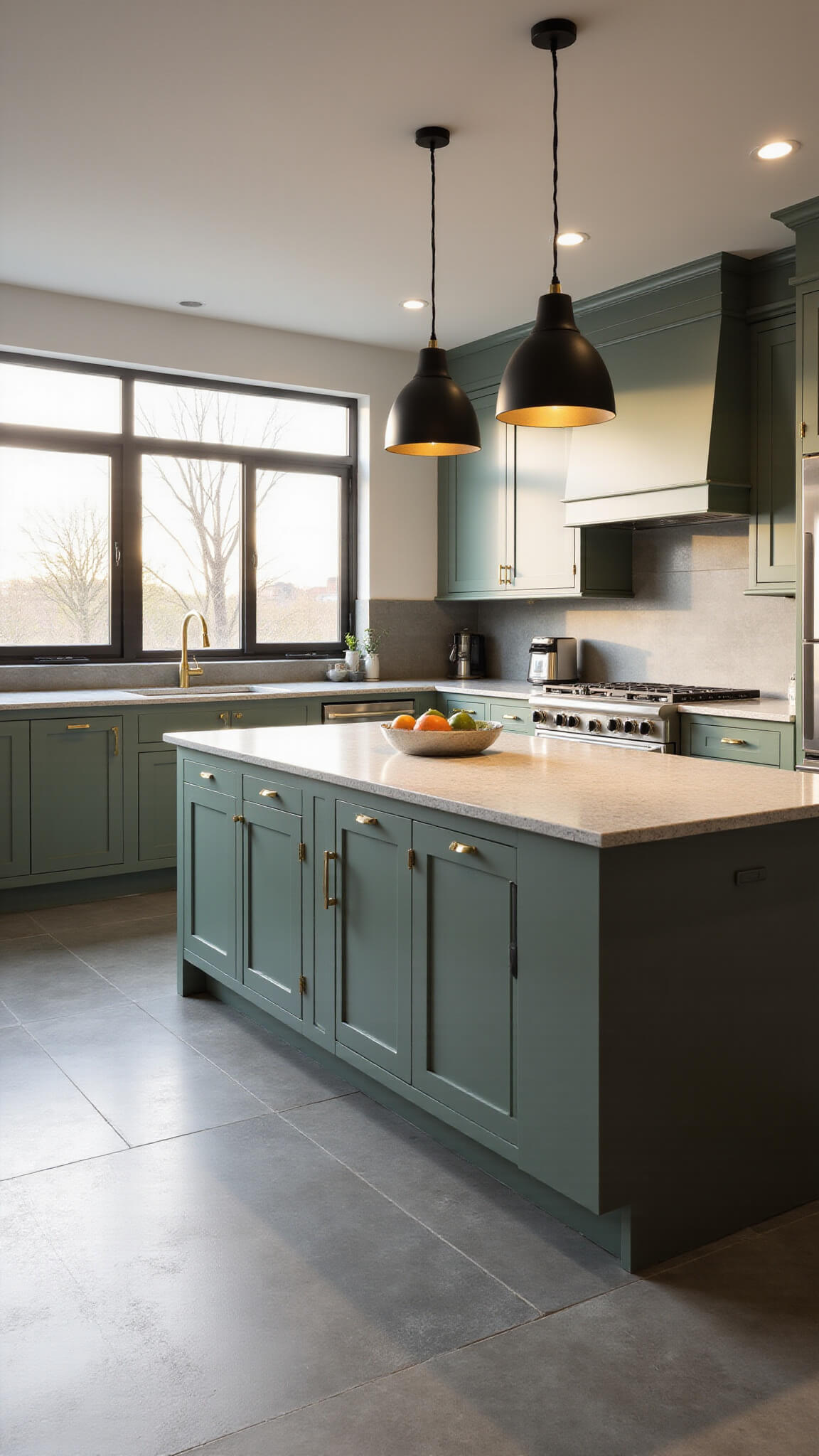 Modern 12x15ft kitchen with sage green cabinets, quartzite island, and golden hour light streaming through floor-to-ceiling windows.