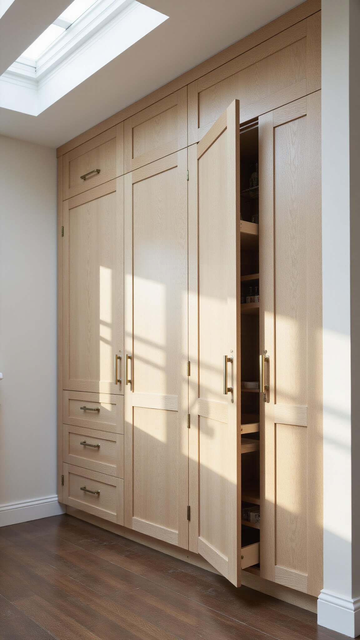 Elegant kitchen corner with white oak hidden pantry, built-in storage, and brushed gold accents in warm afternoon light.