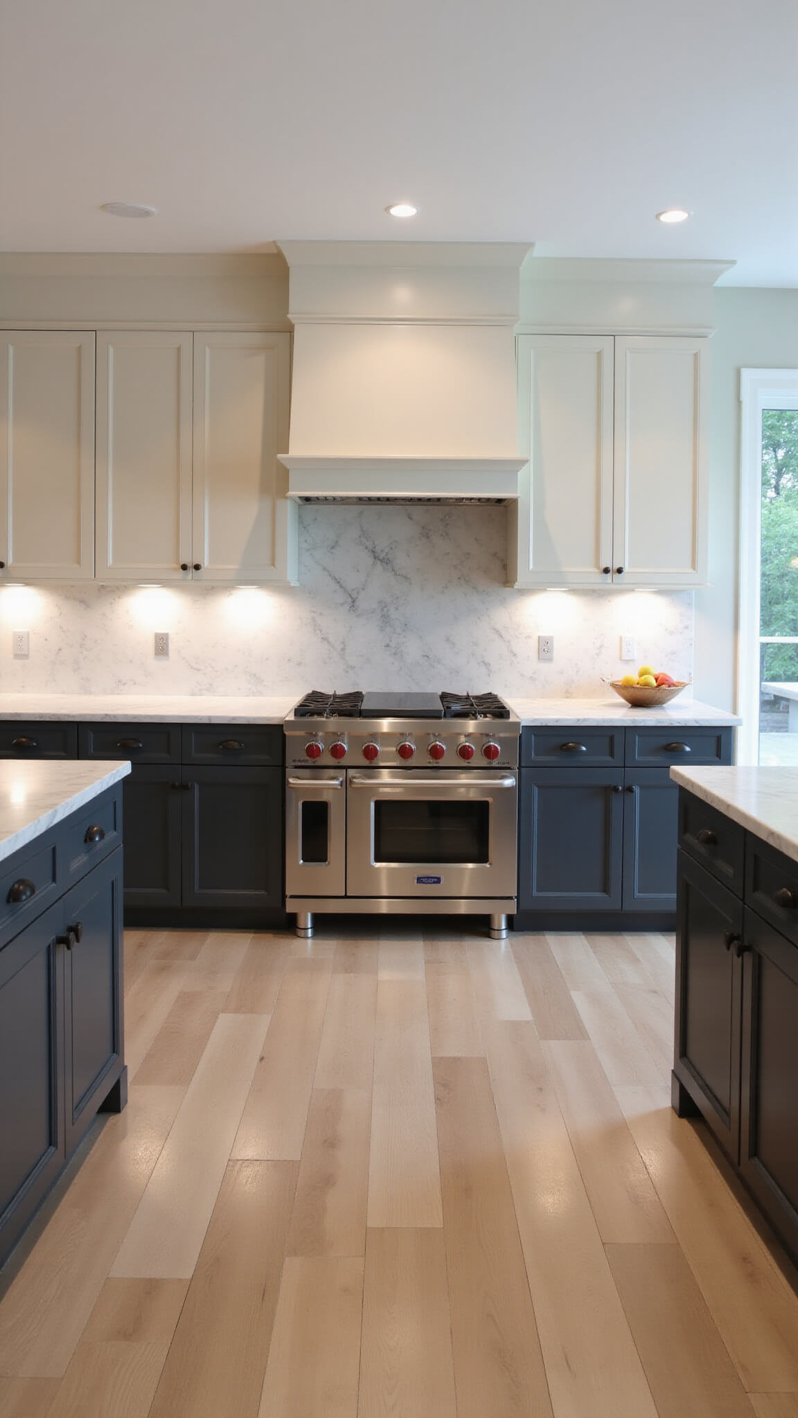 Minimalist kitchen with professional cooktop, charcoal and cream cabinets, under-cabinet LED lighting, and marble-look quartzite countertops.