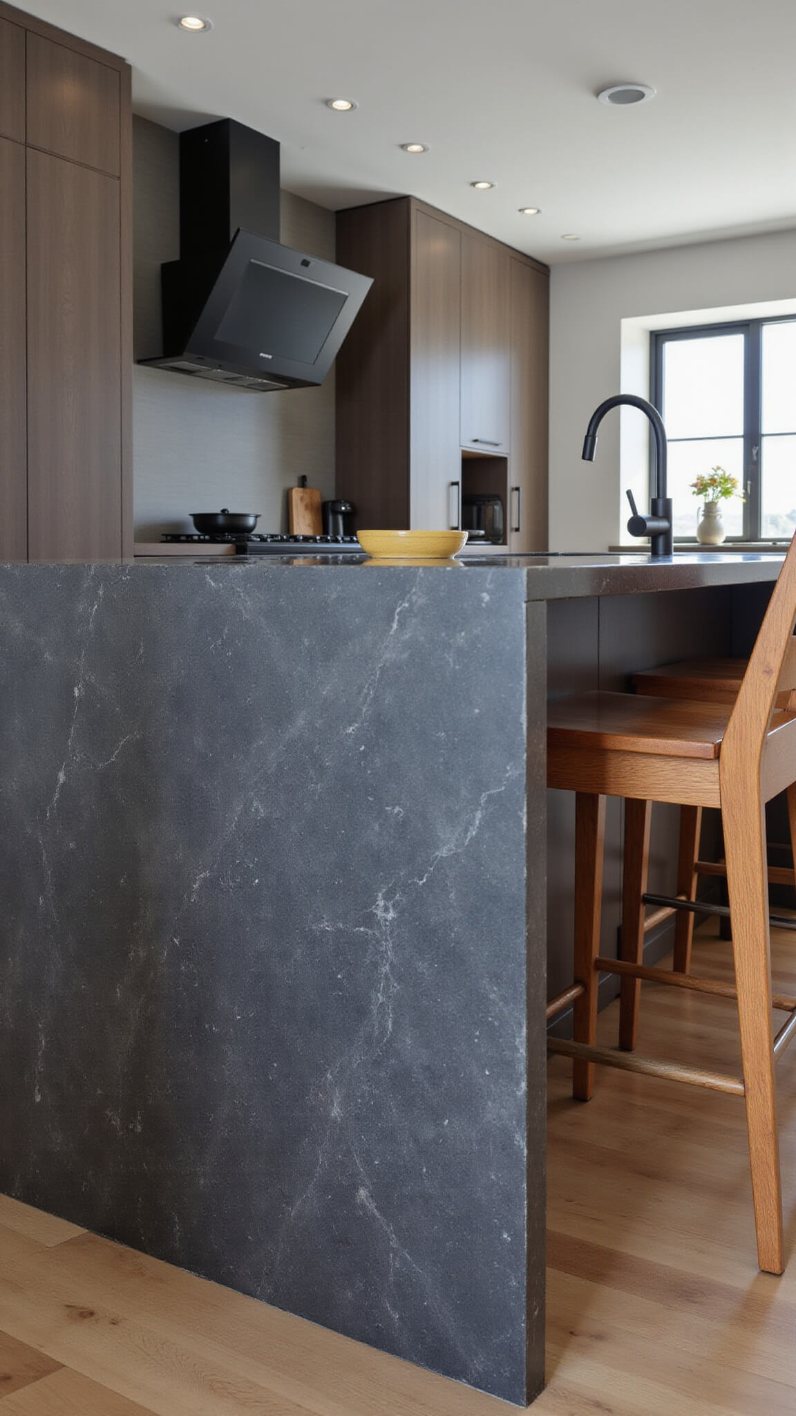 Low angle view of a modern kitchen with a dramatic dark quartzite waterfall island, warm wood bar stools, matte black smart faucet, and integrated tech features under recessed lighting.
