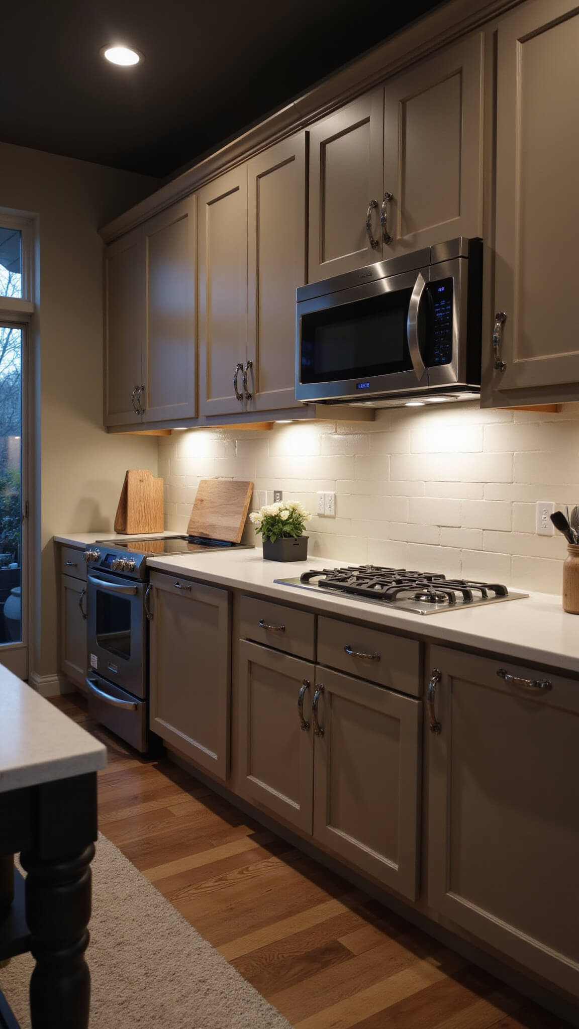 Evening kitchen with task lighting, cream porcelain backsplash, earth-toned cabinets, metallic hardware, connected appliances, and moody ambient glow.