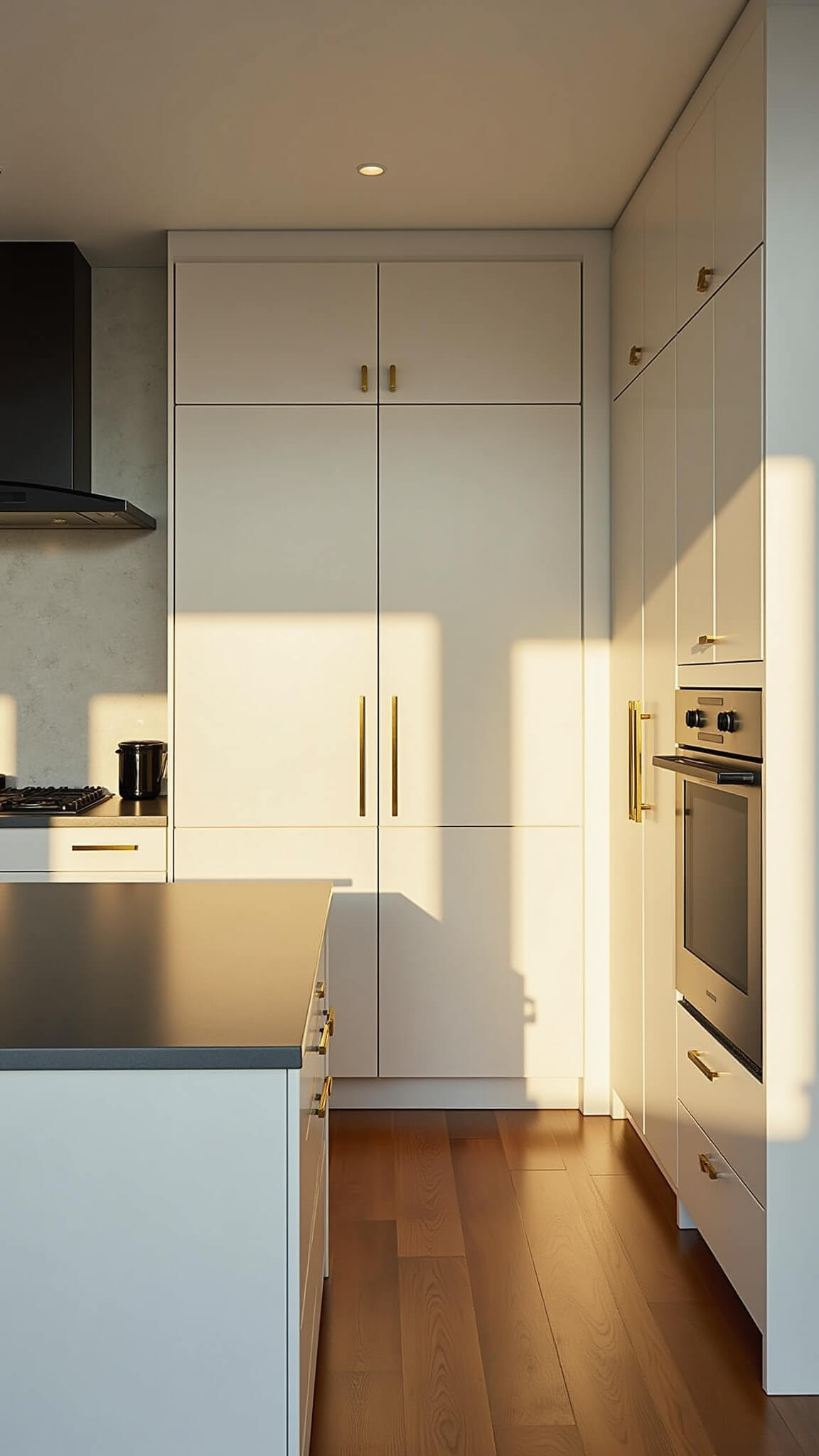 Modern kitchen with floor-to-ceiling white cabinets, central island featuring hidden tech, gold fixtures, matte black appliances, lit by golden hour sunlight.