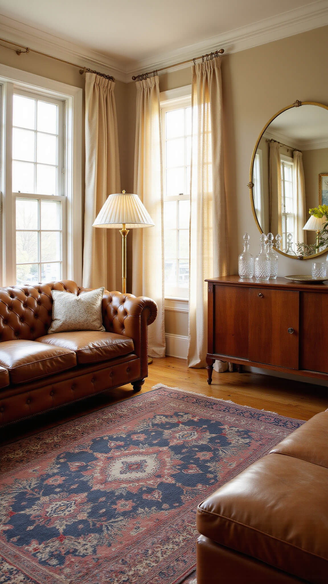 Sunlit living room with a cognac leather Chesterfield sofa, brass floor lamp, Art Deco mirror above a walnut sideboard, Persian rugs, and French windows with sheer curtains at golden hour.
