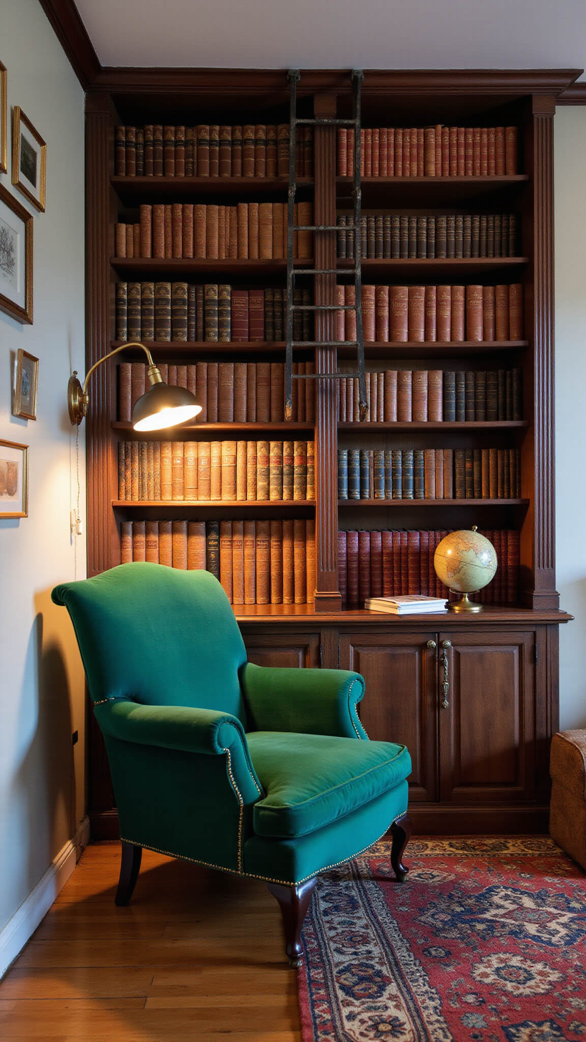 Cozy 12x12ft reading nook at blue hour with emerald velvet Victorian wingback chair, antique brass lamp, floor-to-ceiling bookshelf of leather-bound books, iron ladder rail, vintage globe, and Turkish kilim on patina wood floors.