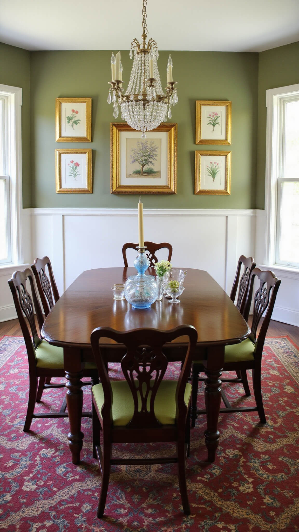 Elevated view of elegant dining room with 1920s mahogany table, mixed-era chairs, crystal chandelier, sage green walls, bay windows, and vintage decor.