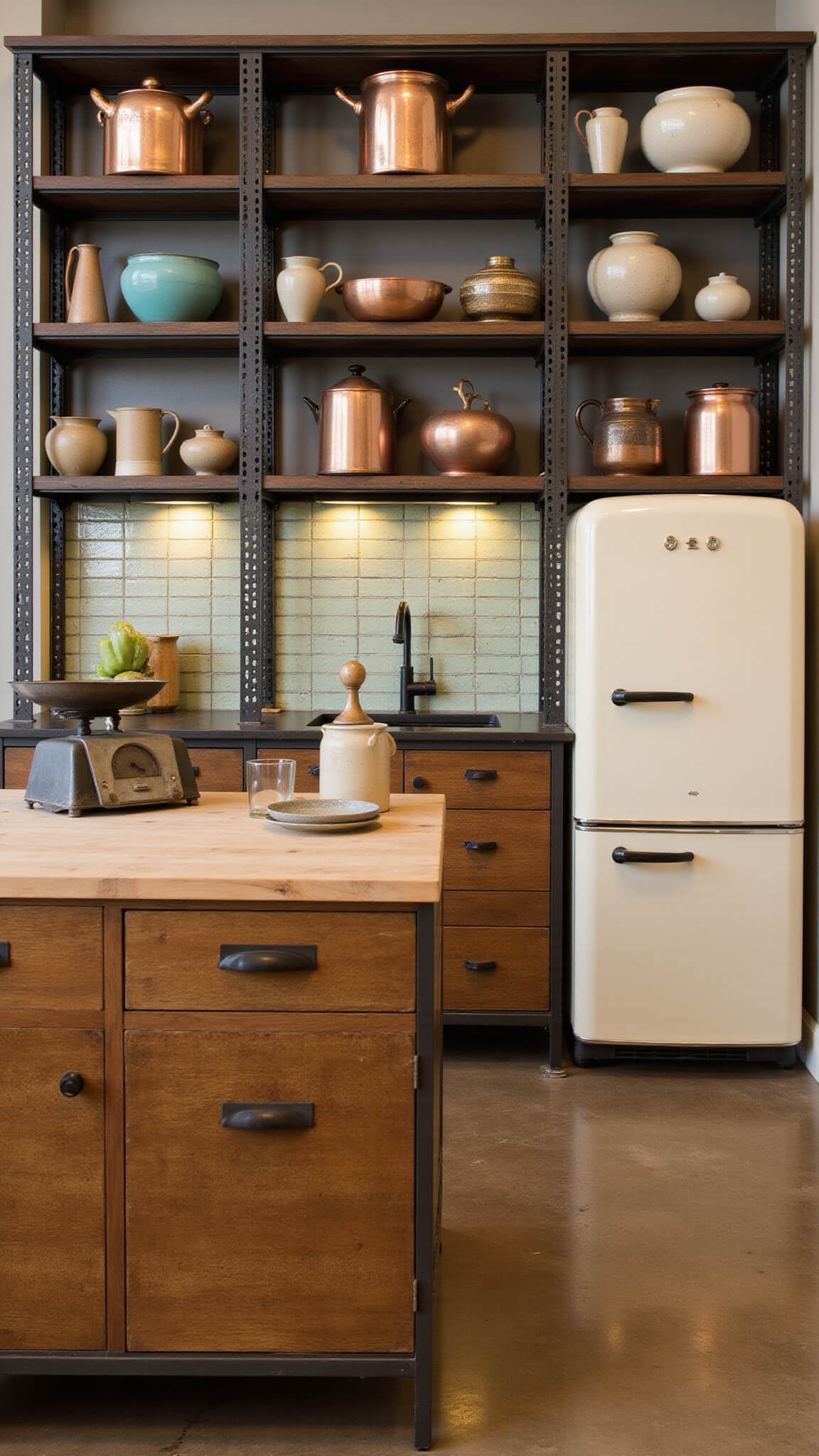 Modern-vintage kitchen with cream 1950s Smeg fridge, copper cookware on industrial shelves, butcher block island, and warm under-cabinet lighting.