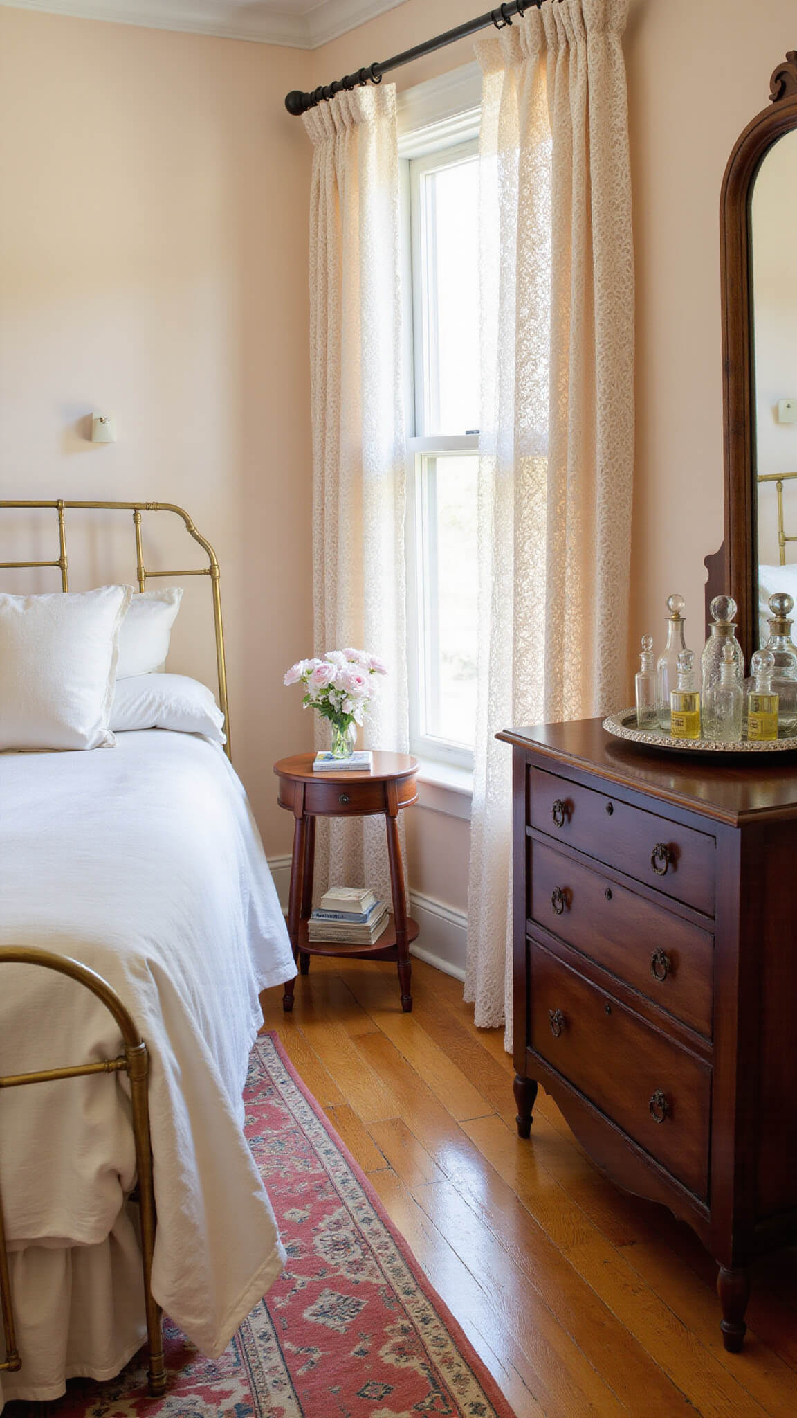 Primary bedroom corner at dawn with soft light, brass bed, Victorian walnut dresser, vintage perfumes, blush walls, and antique Oushak rug.
