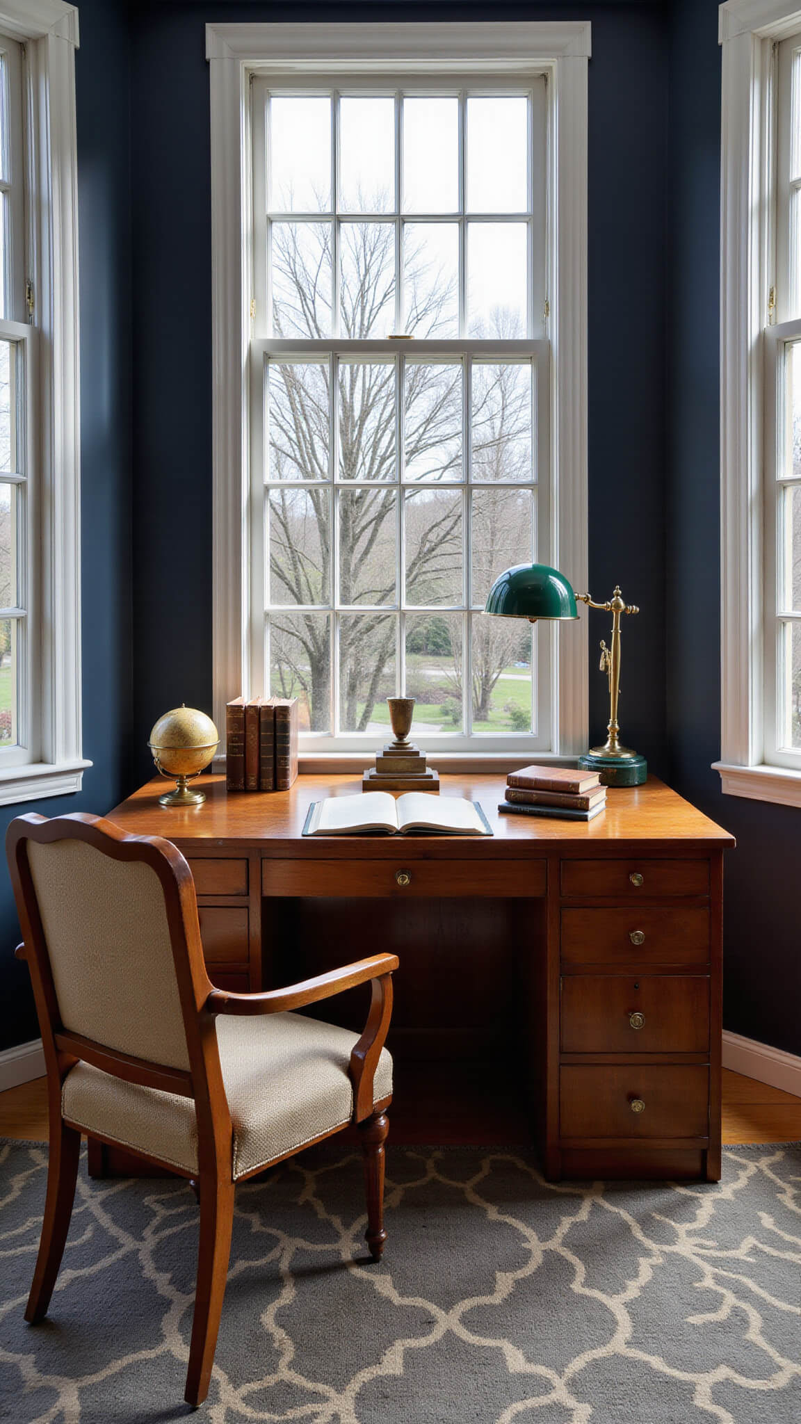 Art Deco rosewood desk with green banker's lamp, brass accessories, and globe bookends under tall windows with dramatic afternoon light.