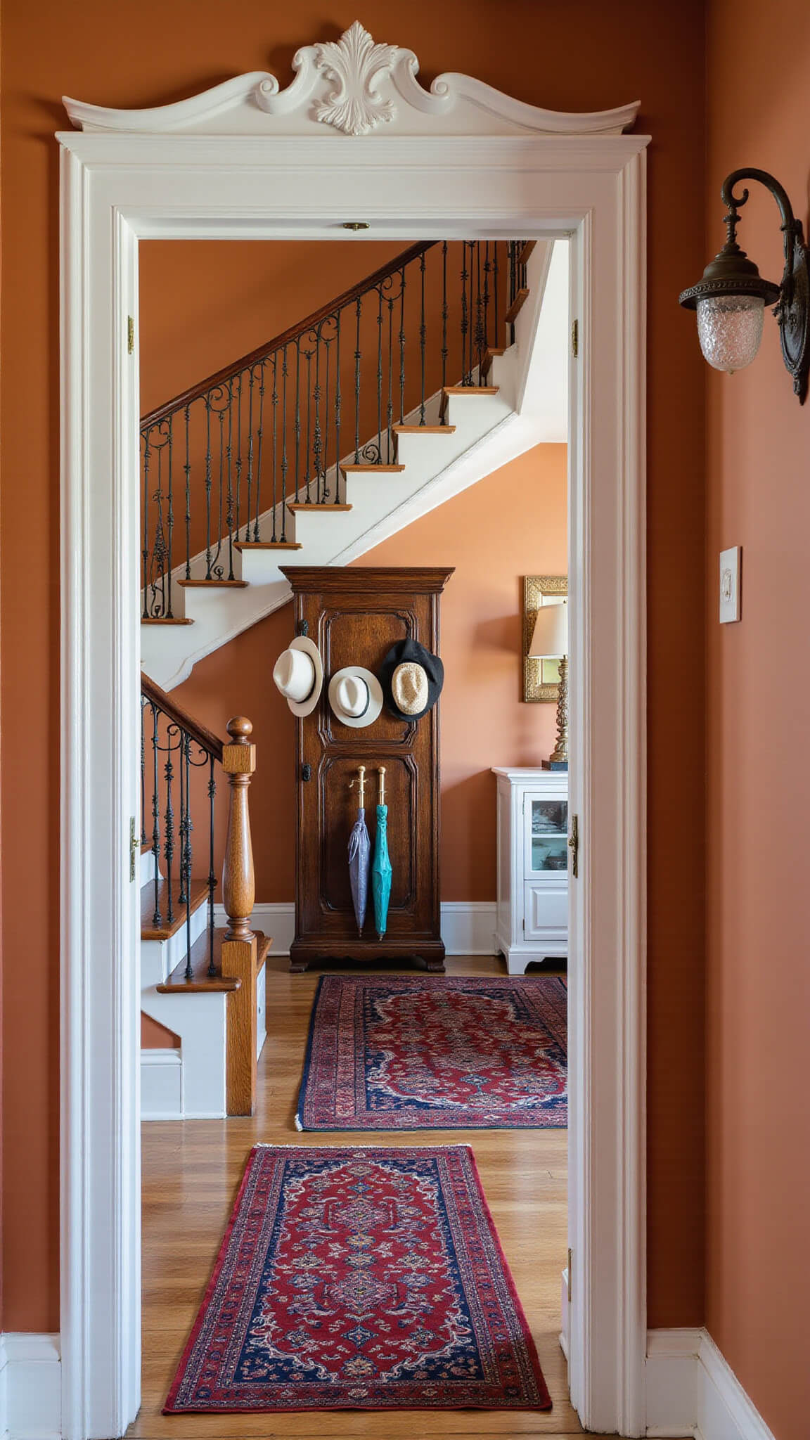 Mirror reflection of entryway showcasing curved staircase with wrought iron railing, Victorian hall tree with vintage accessories, oriental runner, bronze sconces, and terracotta walls with picture rail.