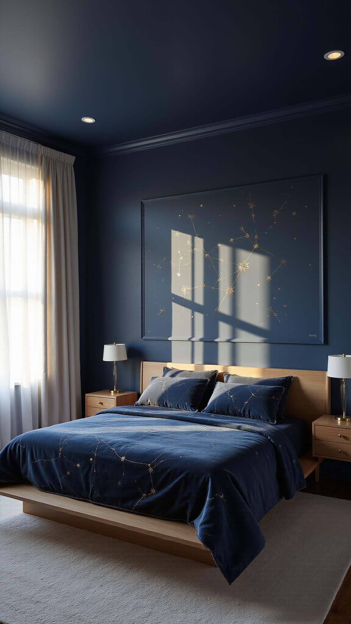 A navy blue bedroom with tall 10ft walls and gold constellation patterns, bathed in golden hour light through sheer curtains, featuring a king platform bed with metallic velvet bedding and floating nightstands.