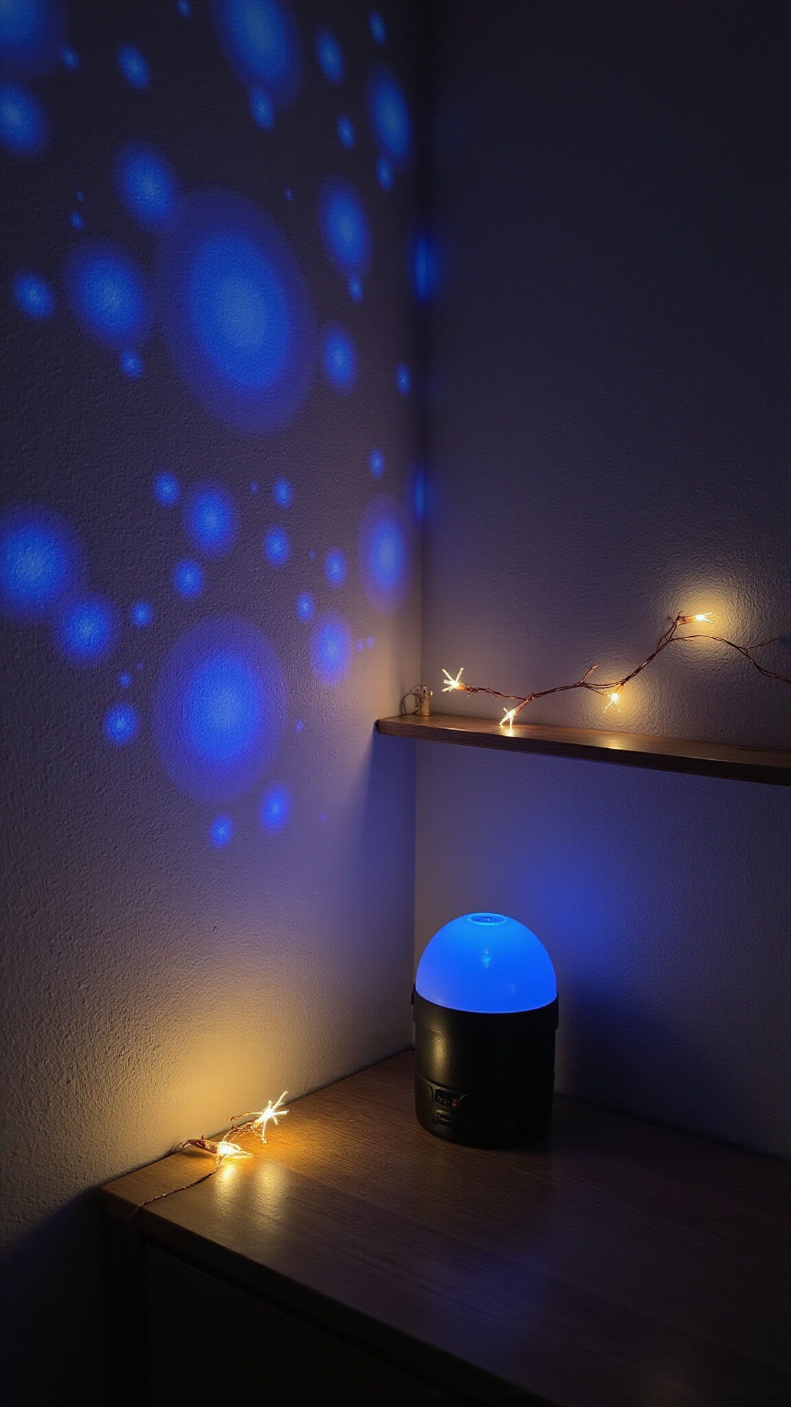 A cozy bedroom corner with blue and purple nebula lights from a star projector, warm copper string lights above, and a soft-glowing moon lamp on a shelf.