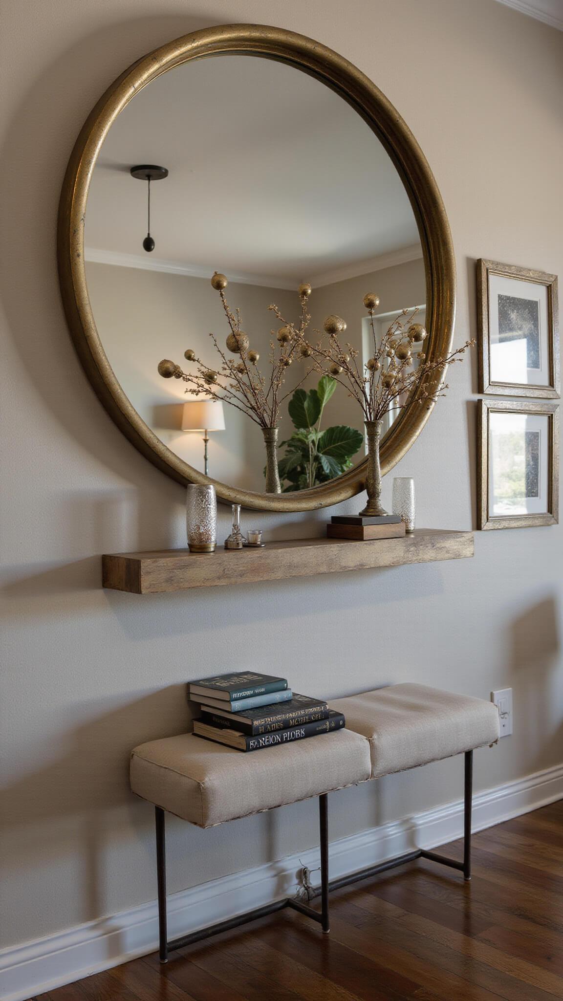 Dramatic accent wall with large brass-framed circular mirror reflecting celestial mobile, flanked by metallic-framed constellation art, lit to enhance metallic details and depth.