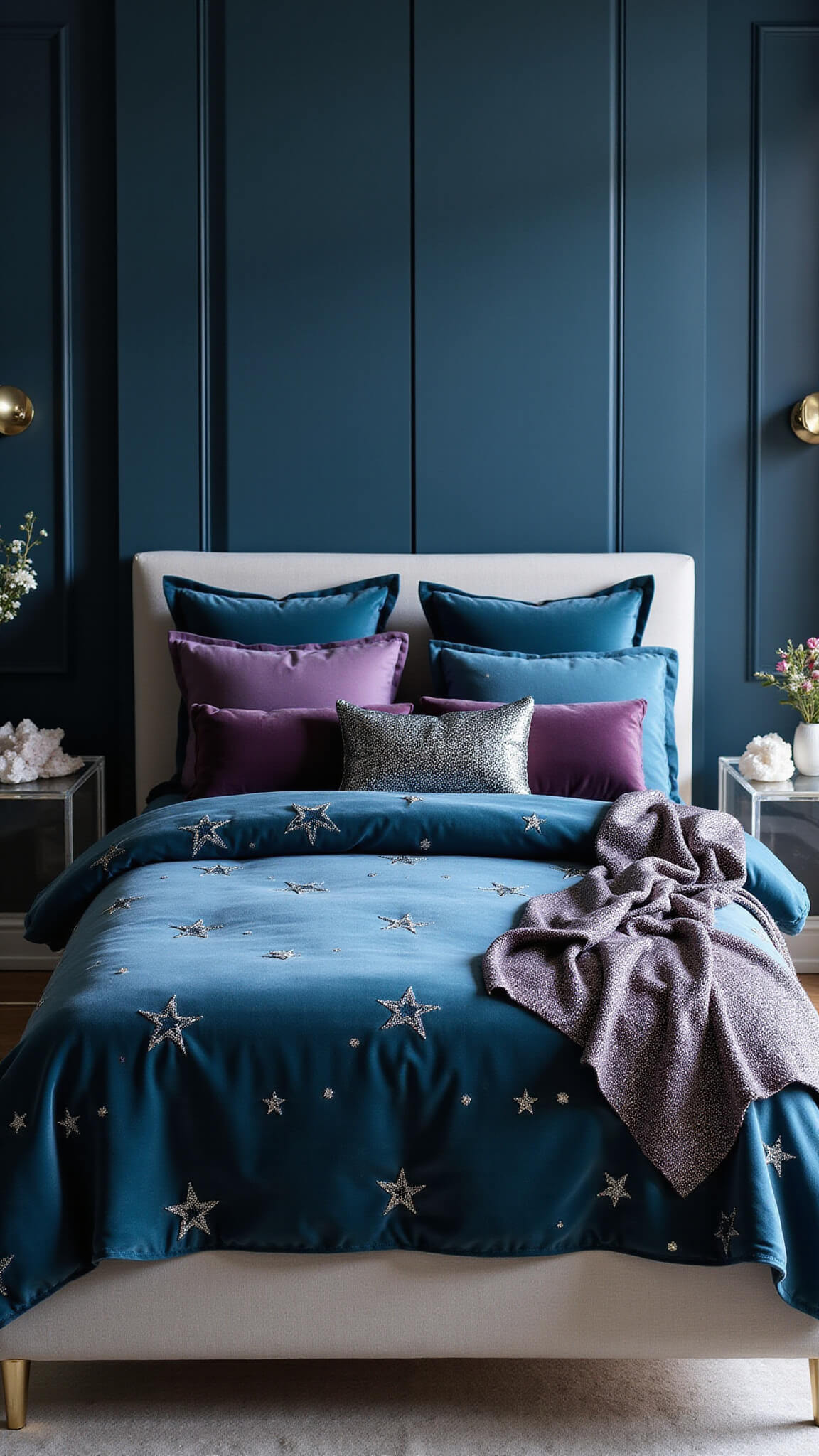 Luxurious king-size bed with midnight blue velvet duvet, cosmic-toned pillows, metallic throw, and crystal-accented lucite nightstands, shot in soft, diffused lighting for detailed fabric texture.