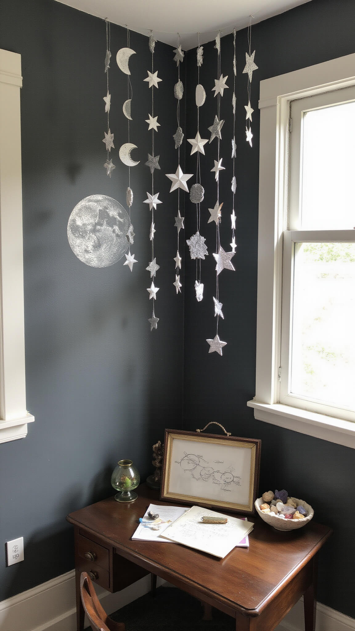 Cozy DIY 10x12ft creative corner with metallic silver lunar phase mural on dark grey walls, paper star garlands hanging from ceiling, vintage desk displaying constellation drawings and crystals, lit by natural and fill light, wide-angle view.