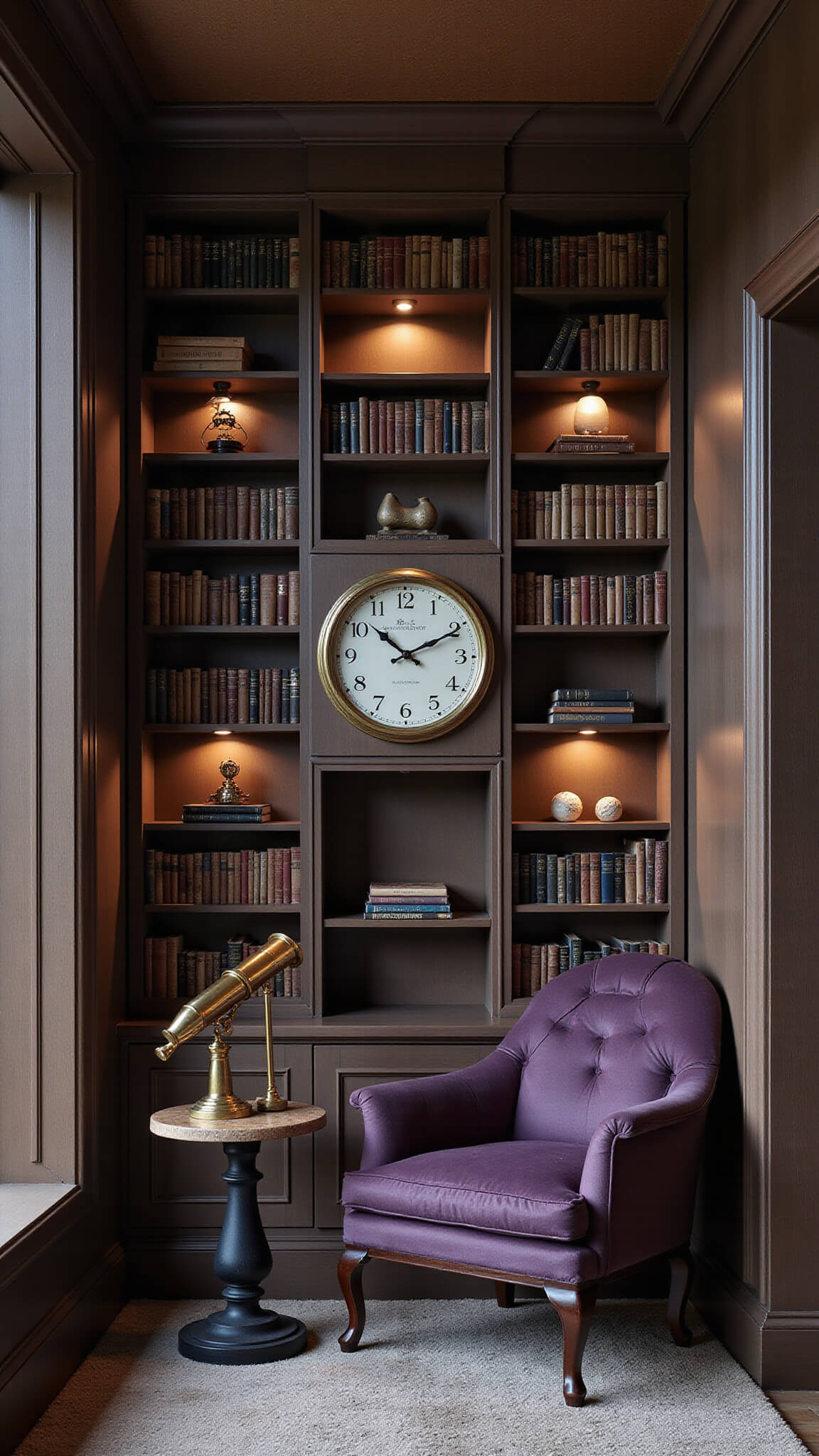 Cozy 6x8ft reading nook with celestial books, deep purple velvet chair, brass telescope, astronomical clock, and warm accent lighting.