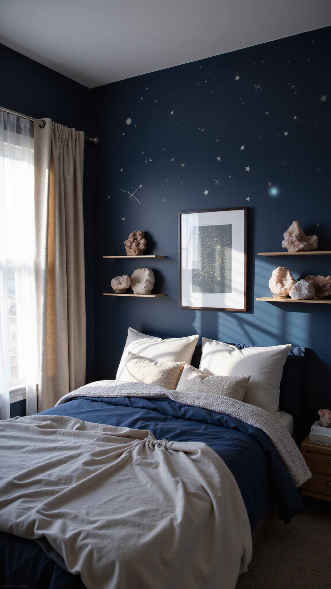 Wide-angle view of a stylish 18x20ft bedroom with navy walls, star projector glow, metallic accents, layered bedding, constellation art, and morning light casting patterns through geometric curtains onto floating shelves with crystal clusters.