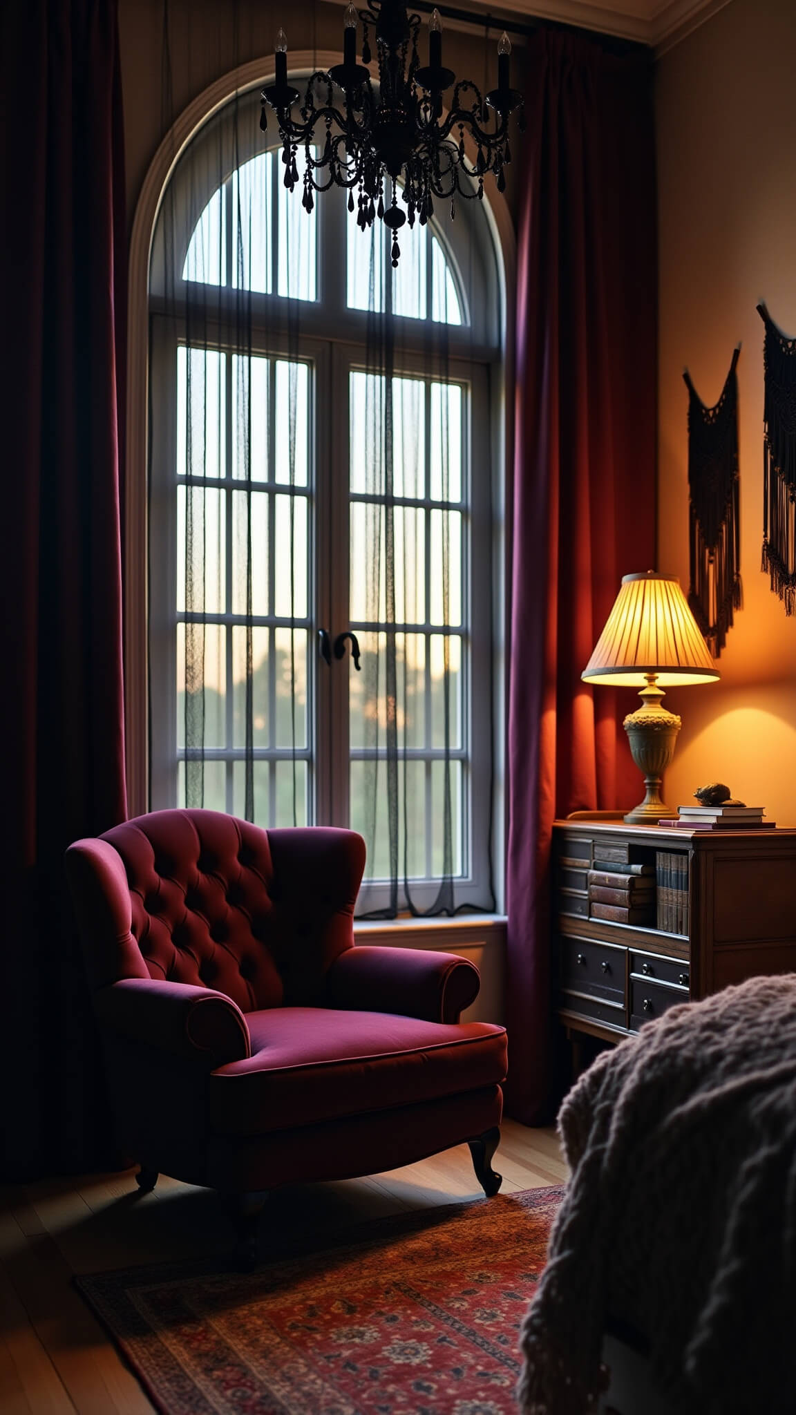 Cozy bedroom corner with velvet reading chair under arched window, layered dark curtains, black crystal chandelier, brass floor lamp, and macramé wall hangings, captured during golden hour from a low angle.