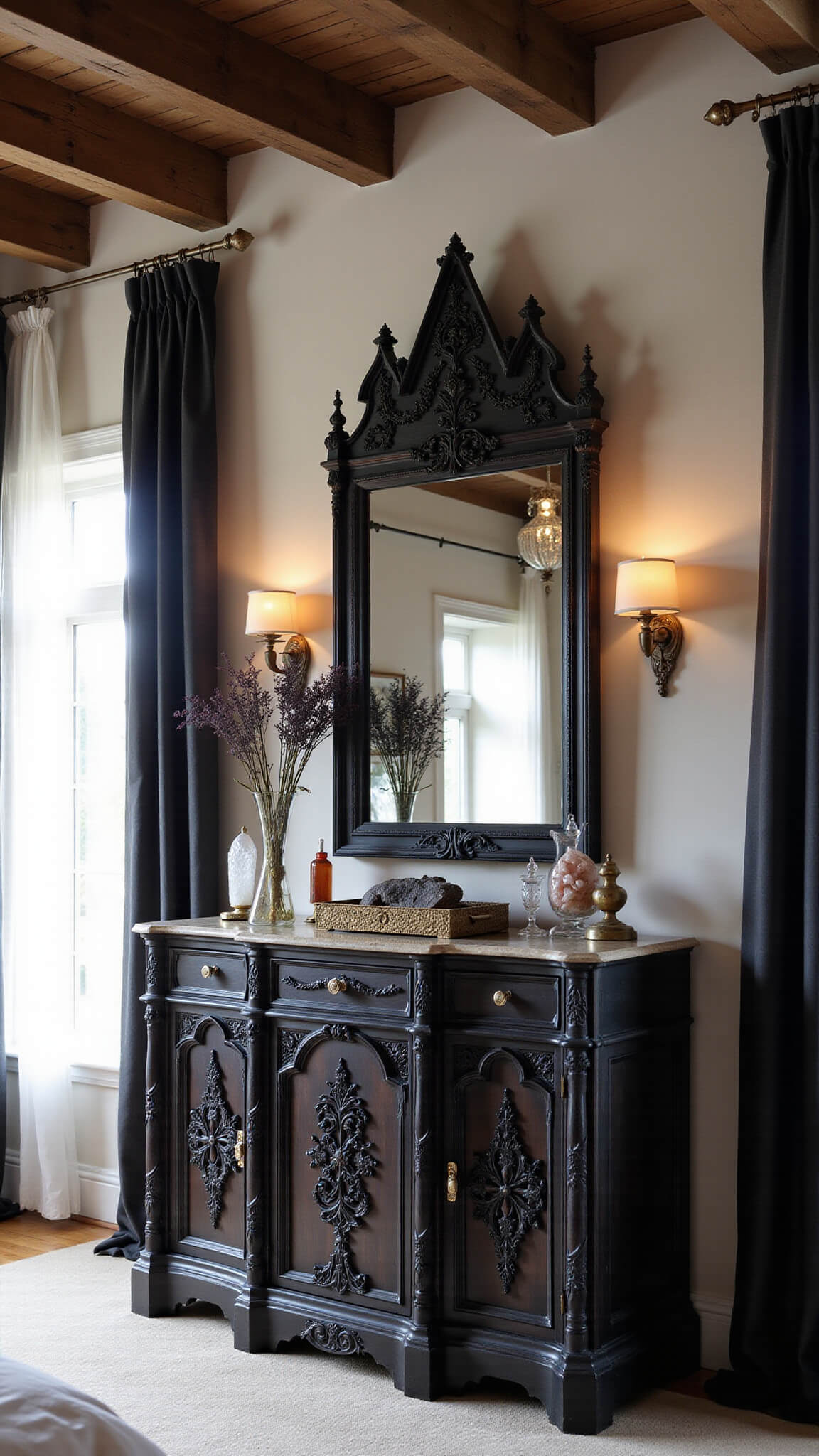 Gothic-inspired master bedroom with ebony dresser, gothic arch mirror, crystal vignettes, and string lights on beamed ceiling.