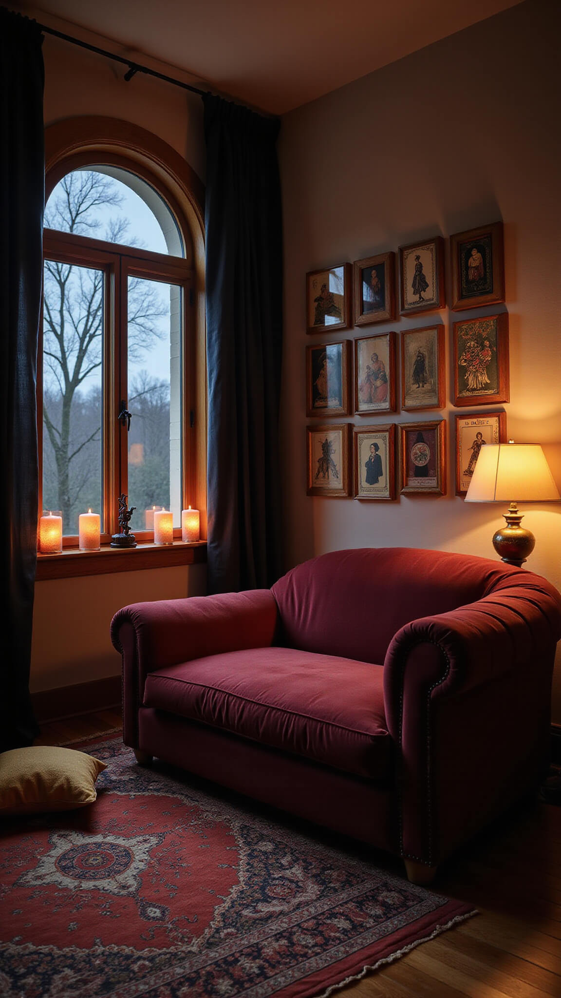 Cozy bedroom alcove at dusk with vintage gallery wall above a burgundy velvet chaise, glowing salt lamps, moonlit circular window, and fluttering black silk tapestries.