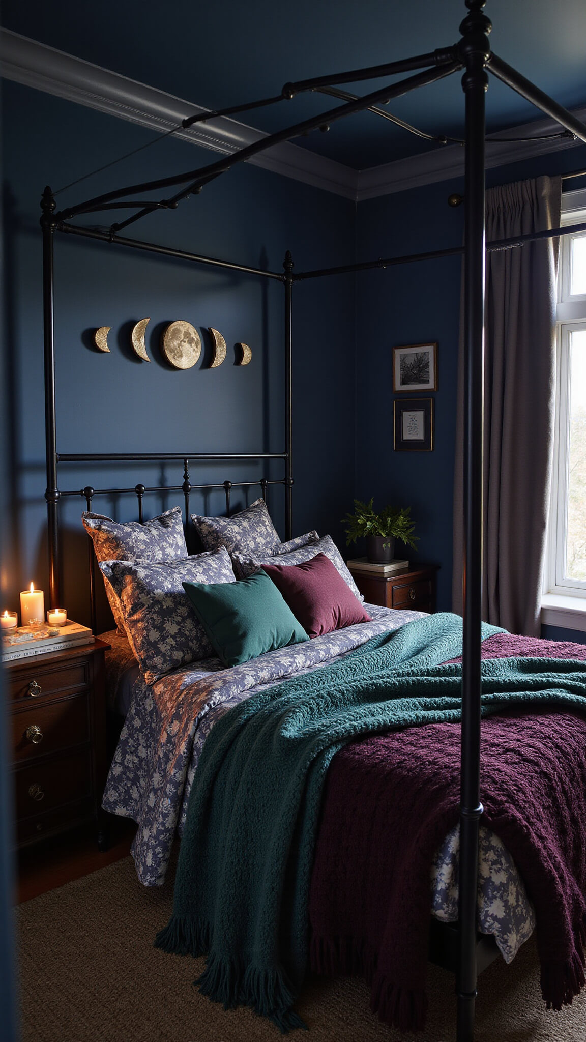 Twilight-lit bedroom with midnight blue walls, black iron canopy bed in dark florals, chunky knits, and moon phase decor illuminated by flameless candles.