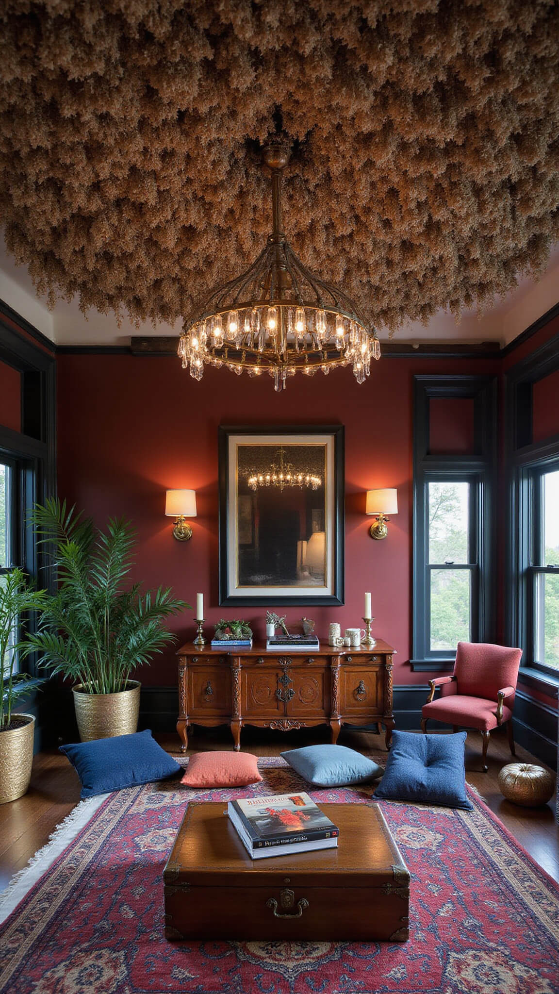 Overhead view of a 14x16ft bedroom at early evening with a dramatic dried botanical and crystal prism ceiling installation, antique carved wooden trunk meditation area, jewel-toned floor cushions, metallic poufs, and dark foliage plants in corners with moody side lighting.