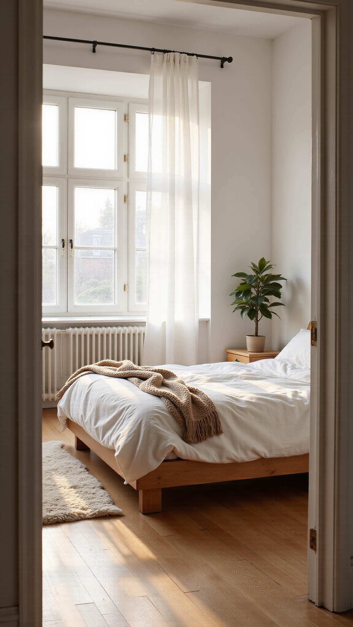 Scandinavian bedroom with oak bed, white linen bedding, and warm golden hour light streaming through sheer curtains.