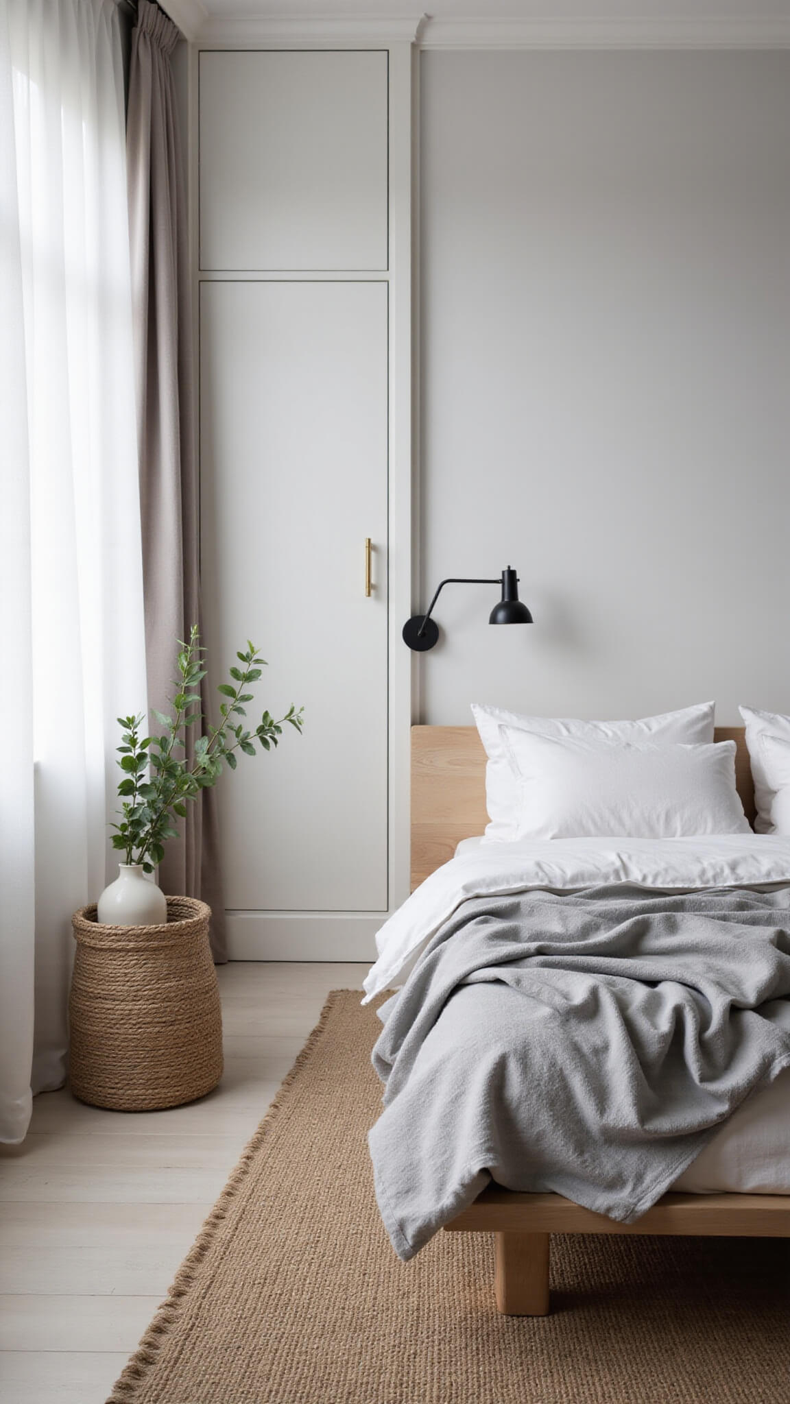Nordic bedroom at dawn with soft light, white curtains, minimalist furniture, platform bed with gray linens, and natural textures like jute rug and eucalyptus in vase.