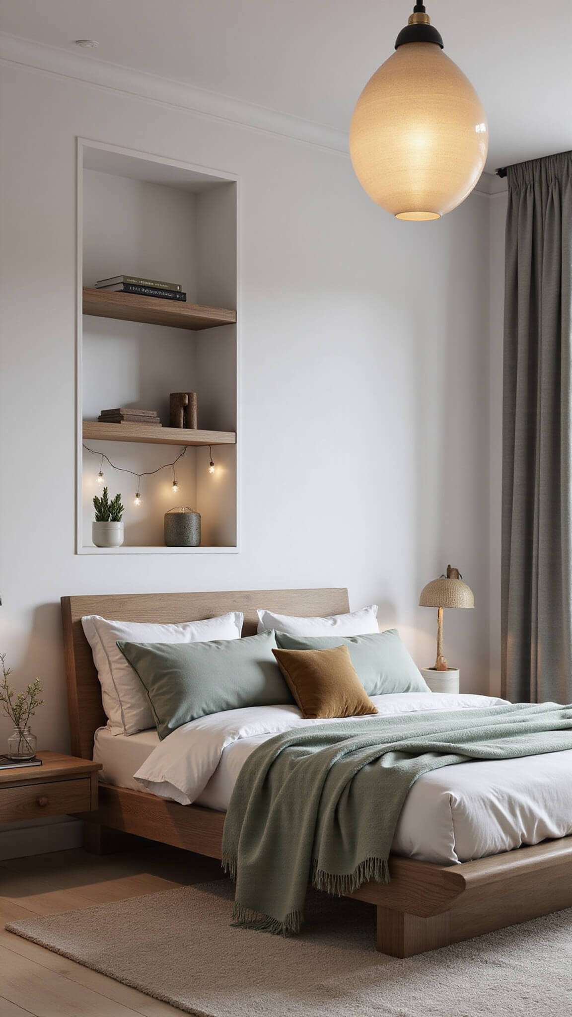 Scandinavian master bedroom with oak bed, layered linens, floating shelves, and moody dusk lighting.