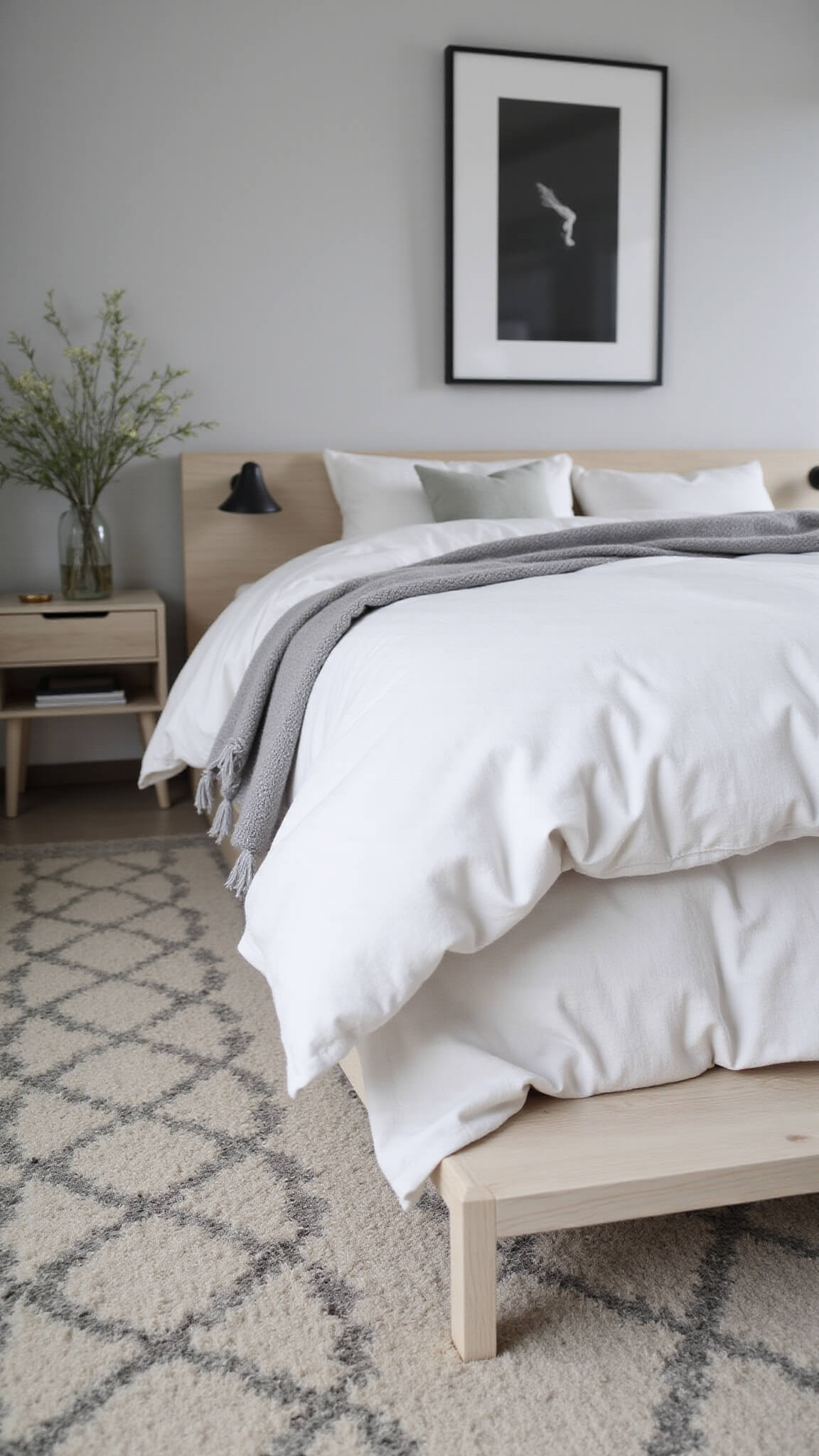 Close-up of Scandinavian bedroom nook with textured linen duvet, mohair throw, hand-knotted wool rug, and whitewashed oak bed against light gray wall.