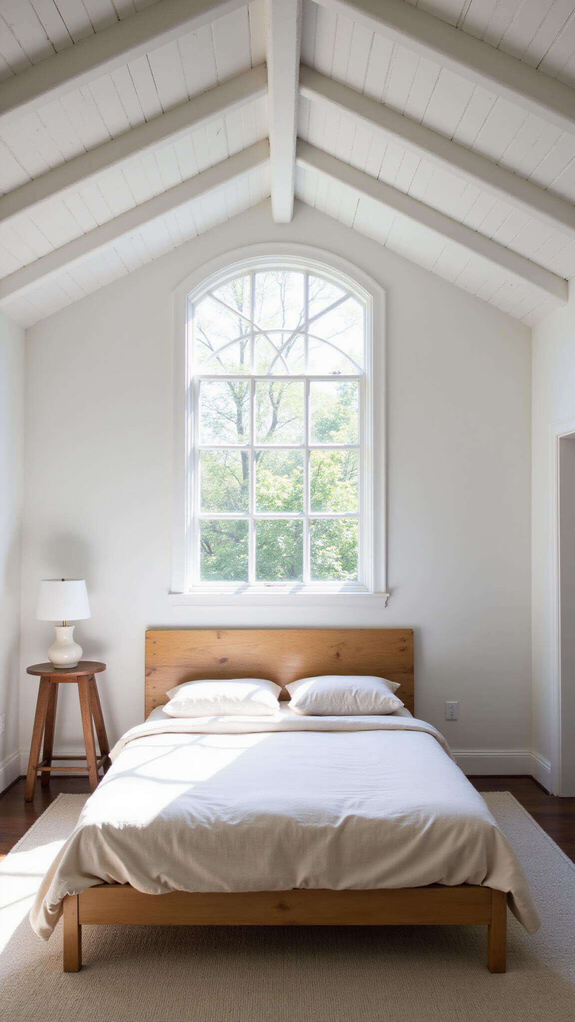 Elevated view of a Nordic-style bedroom with white ceiling beams, centered pine platform bed under crosshatch window, neutral bedding, and vintage stool nightstand with ceramic lamp.