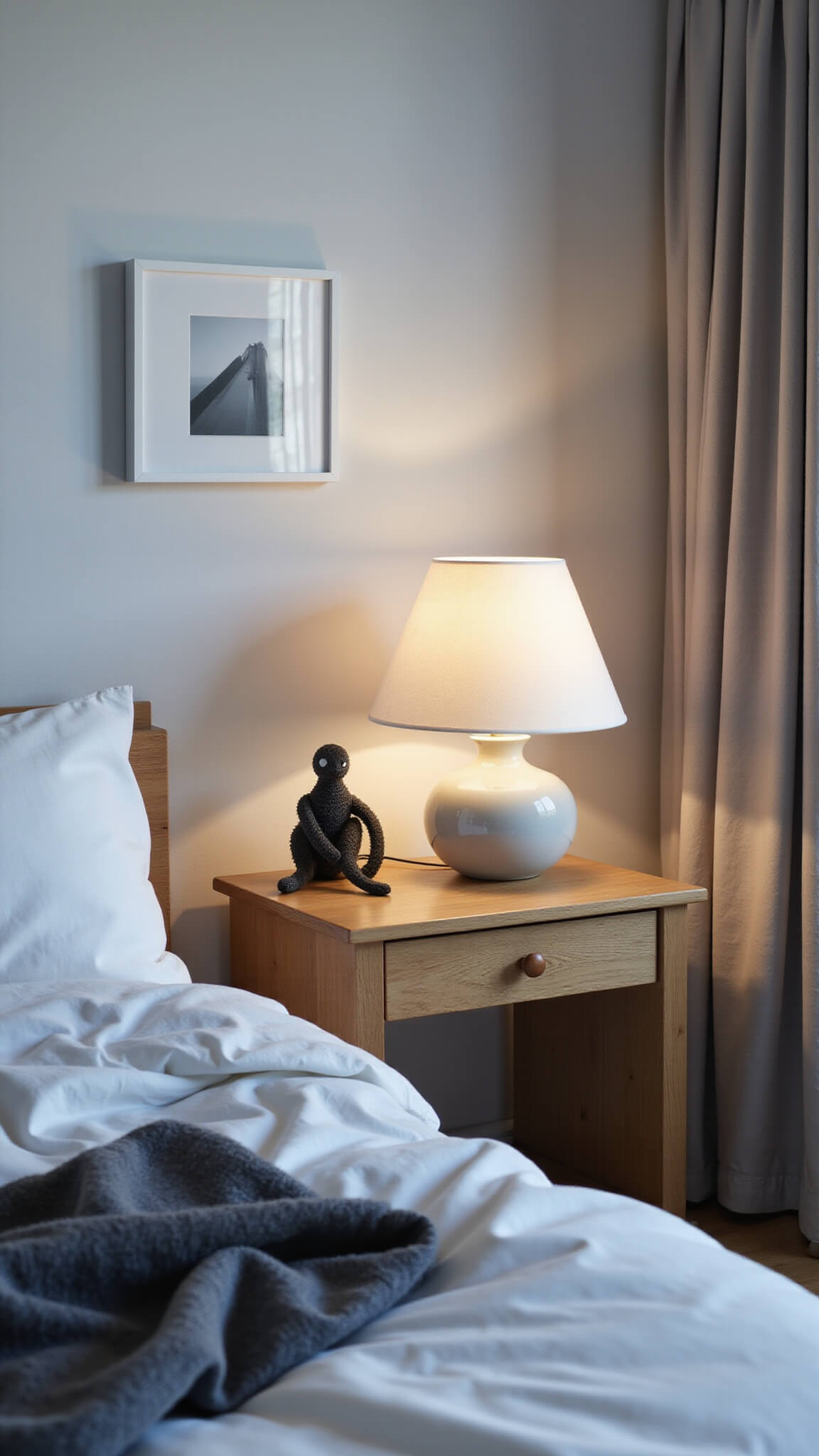 Nordic bedroom bedside scene with oak nightstand, ceramic lamp, wrinkled white linen bedding, charcoal wool throw, small artwork, and potted monstera during blue hour.