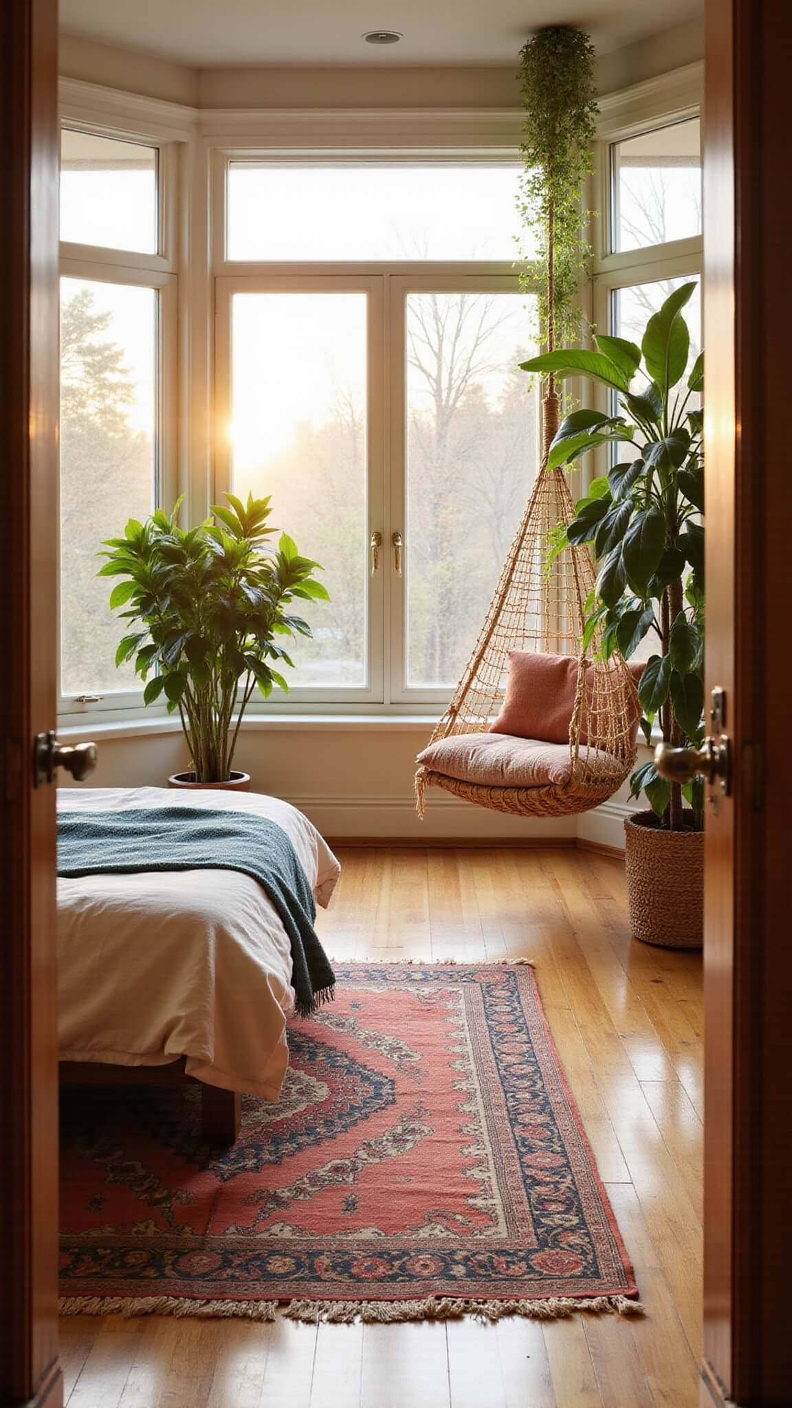 Boho bedroom with rattan bed, vintage rugs, macramé swing, and lush plants, bathed in golden hour light through floor-to-ceiling windows.