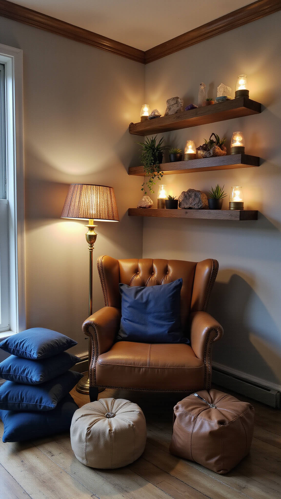 Boho corner nook with vintage leather armchair, brass floor lamp, indigo cushions, leather poufs, and floating shelves with crystals and air plants, lit by mid-morning light and string lights in background.