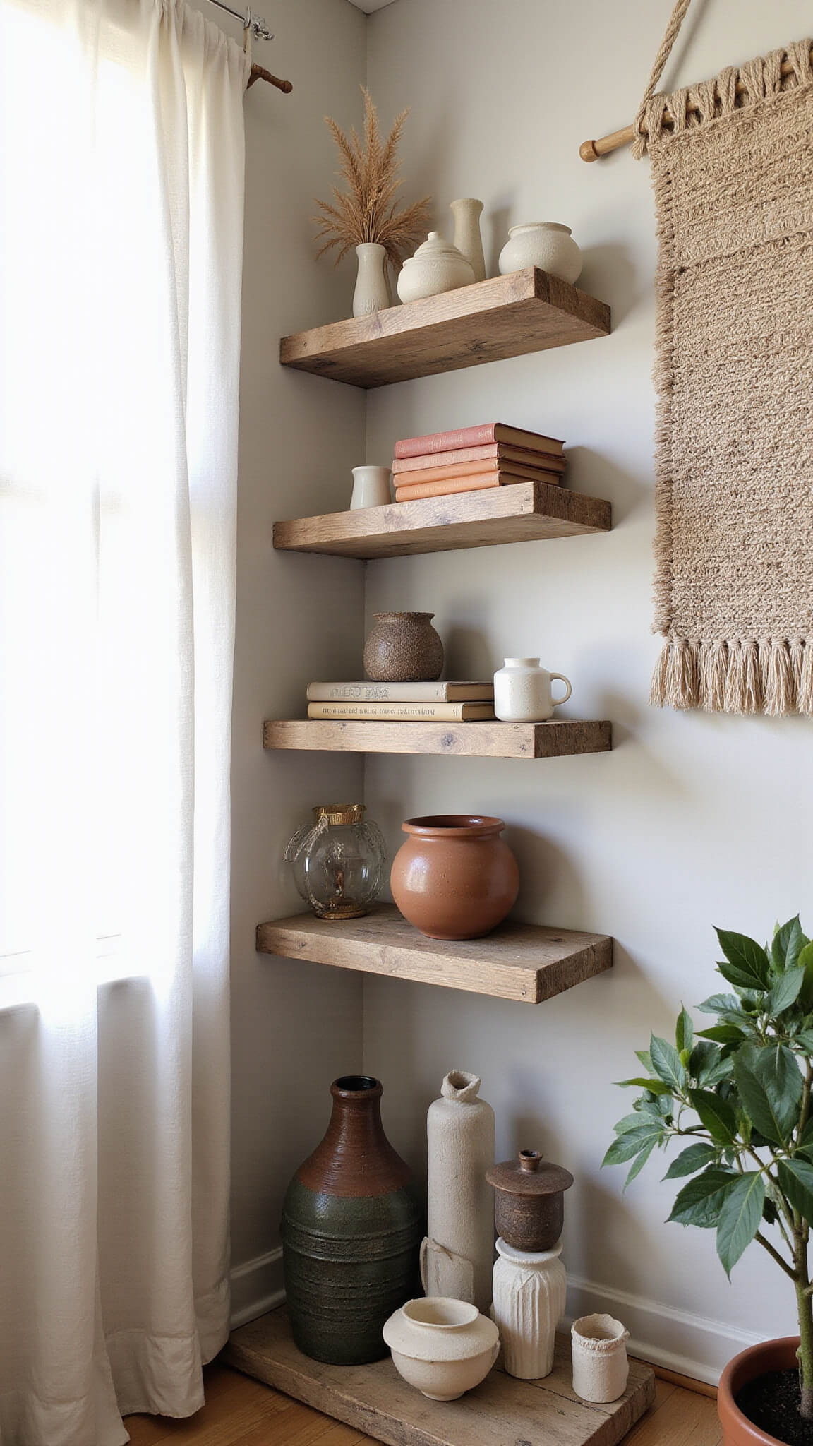 Boho display zone with morning light filtering through sheer curtains, featuring asymmetrical reclaimed wood shelves with ceramics, pampas grass, and vintage books, anchored by a neutral-toned handwoven wall hanging.