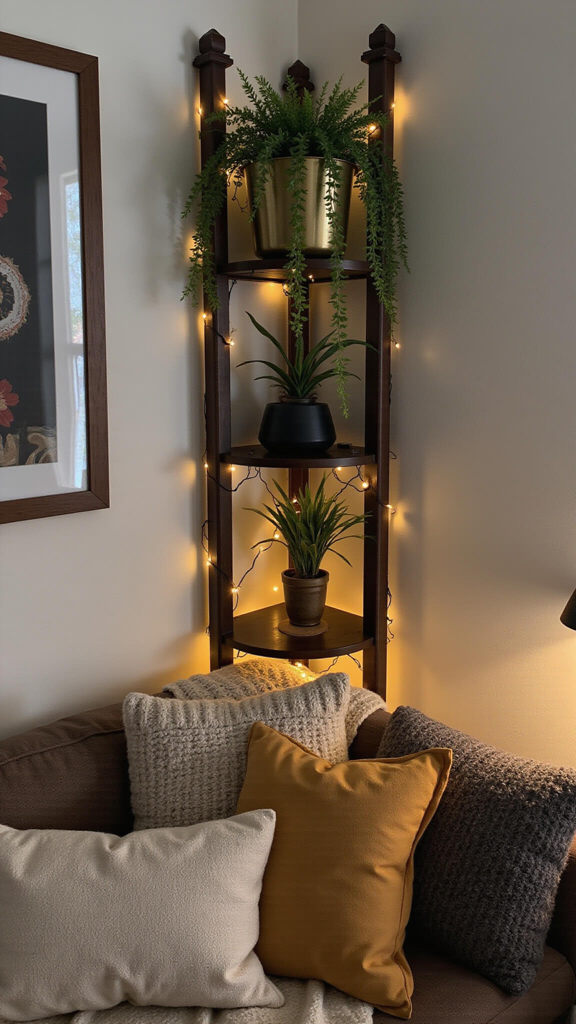 Cozy 10x12ft room at dusk with twinkle-lit corner shelf, cascading plants, brass decor, and low-profile futon layered with textured textiles, viewed from above.