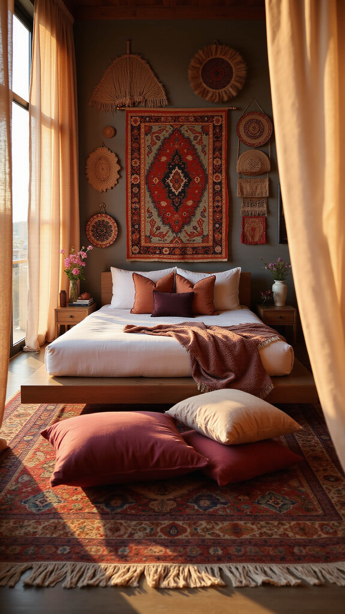 Dreamy 16x20ft bedroom at sunset with woven wall hangings, floating bed, layered Persian and kilim rugs, silk and velvet floor pillows, seen through gauzy curtains in rich jewel tones and gold accents.