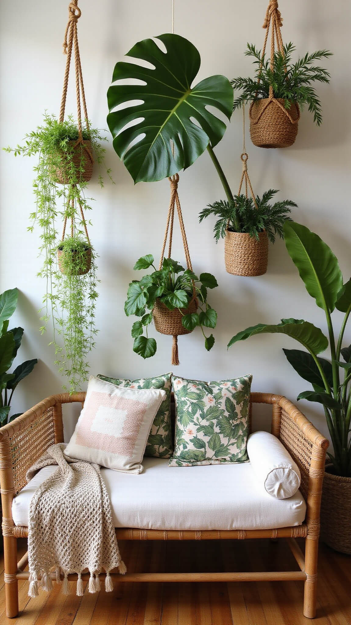 Cozy plant-filled room with trailing plants in macramé hangers, large monstera, snake plants in baskets, and rattan daybed with botanical pillows.