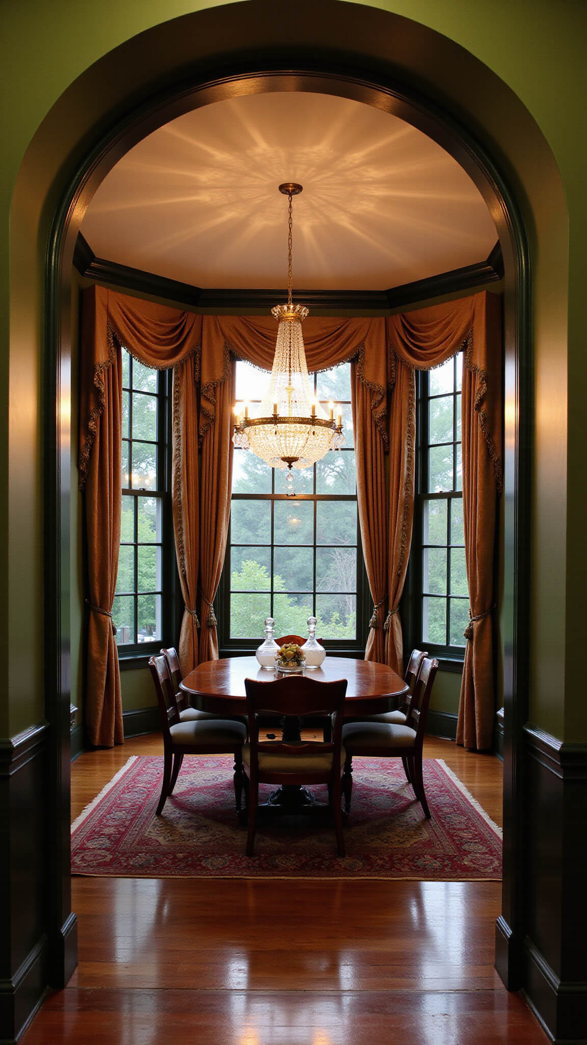 Victorian dining room at twilight with Hunter Green walls, crystal chandelier, mahogany table, and silk-draped bay windows framed by a dramatic archway.