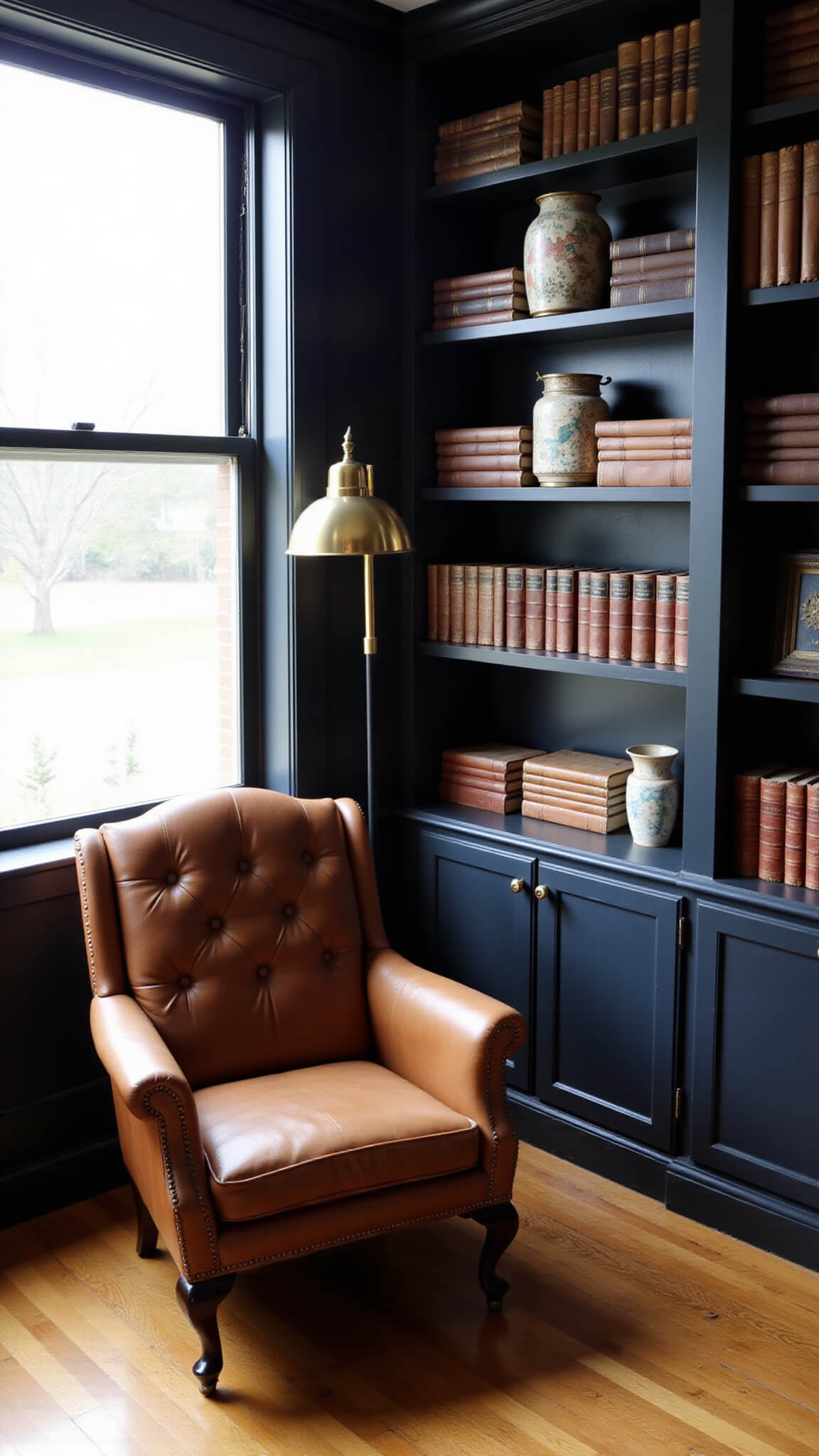 Moody home office corner with Tricorn Black walls, vintage leather chair, brass floor lamp, and styled bookshelves in morning light with soft bokeh.