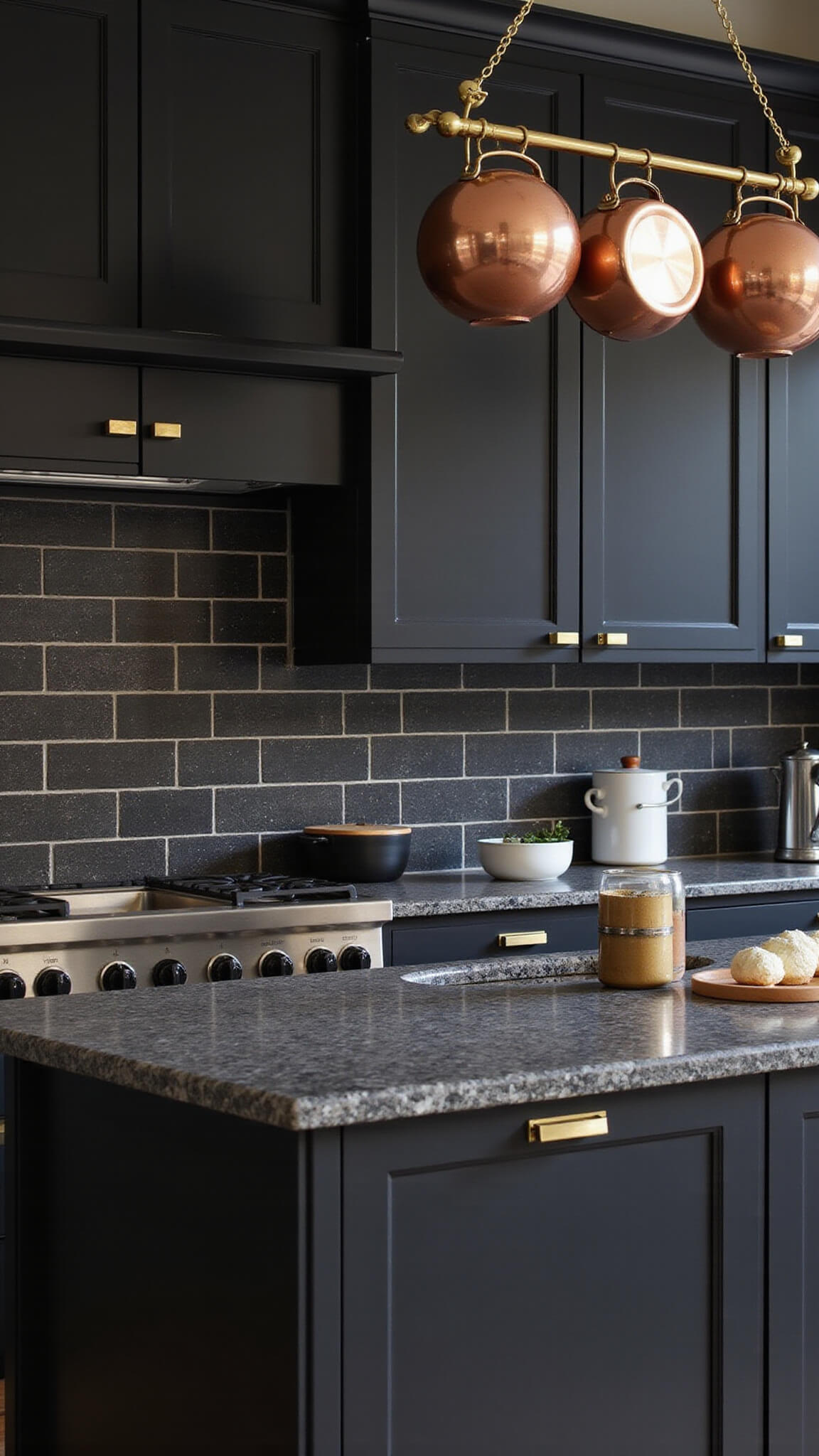 Dark marble kitchen island with matte black cabinets, brass hardware, and hanging copper pots under warm pendant lighting; textured graphite subway tiles with dark grout in background.