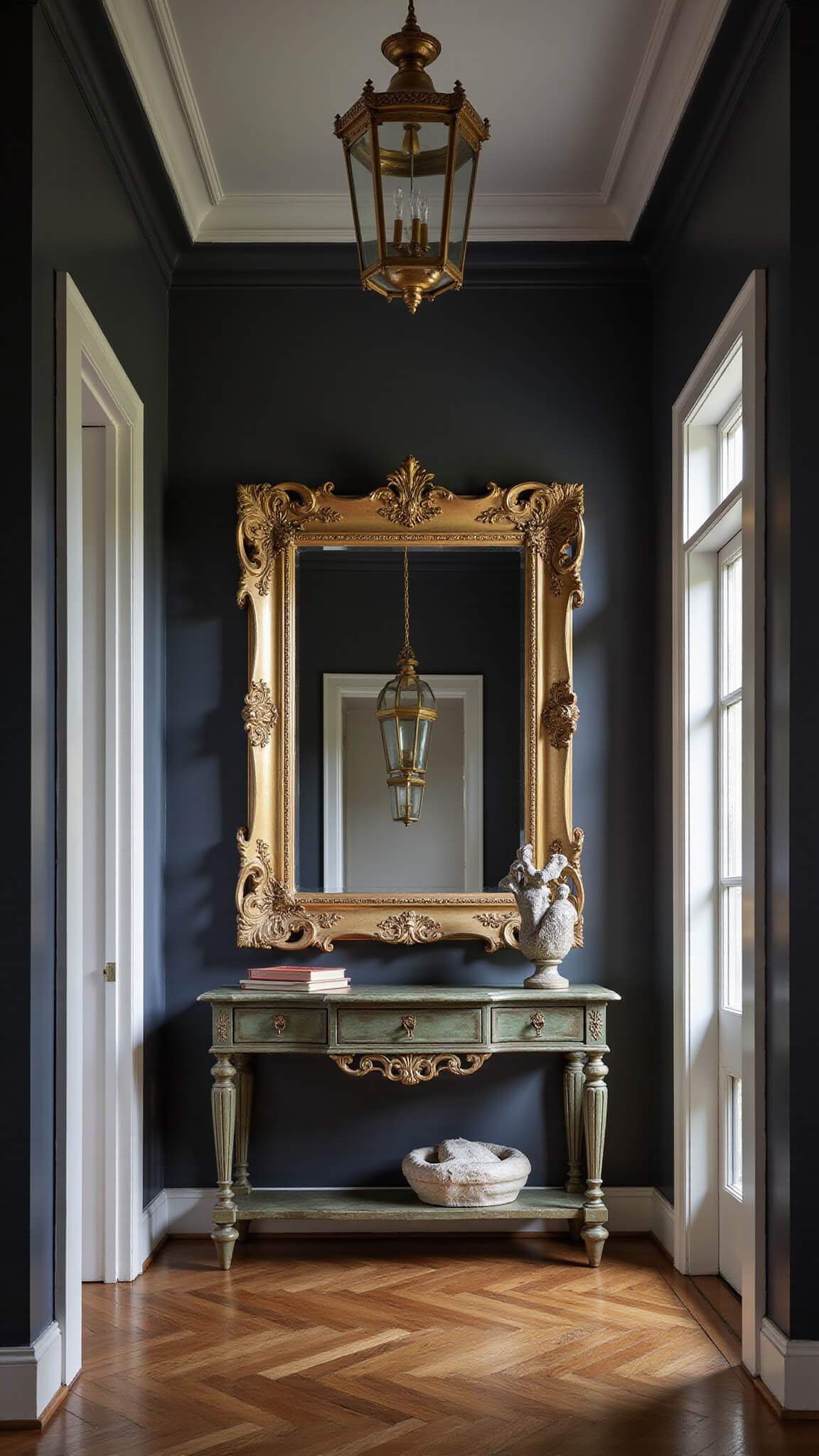 Dramatic entryway with dark charcoal 12ft ceilings, antique gilt mirror, vintage brass lantern, patinaed console table with modern sculpture, and herringbone floors, captured at dawn with wide-angle lens.