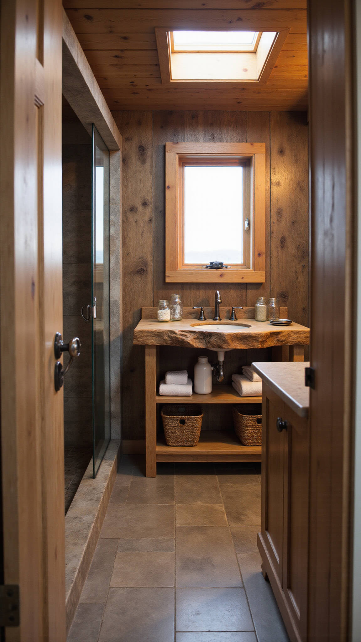 Cozy 6x8ft rustic cabin bathroom with reclaimed barn wood wall, floating weathered oak vanity, cedar-planked corner shower, and natural stone flooring lit by morning light and warm LEDs.