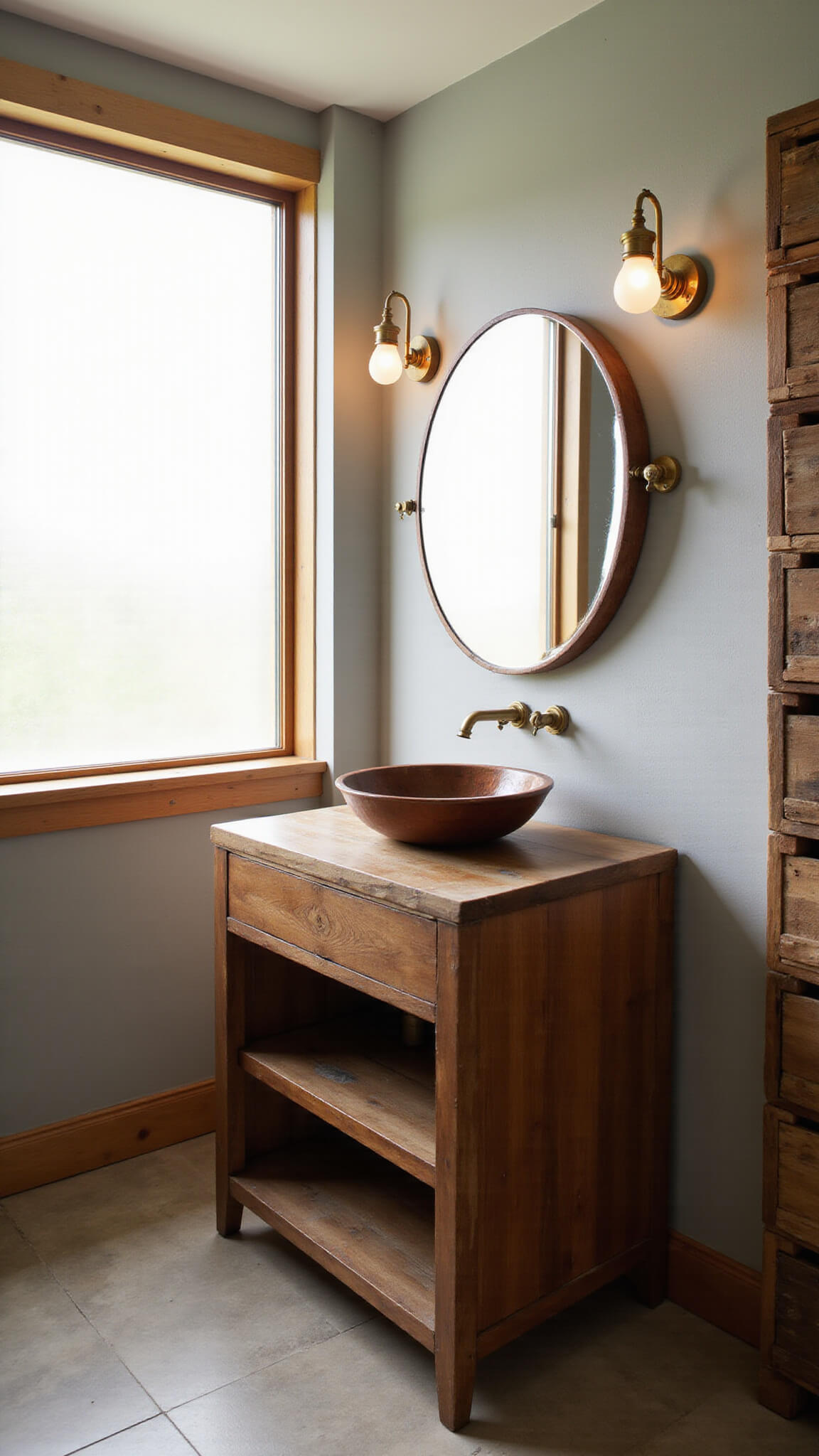 Wall-mounted walnut vanity with hammered copper sink, antique brass sconces, circular mirror, and reclaimed wood shelving in warm early morning light.