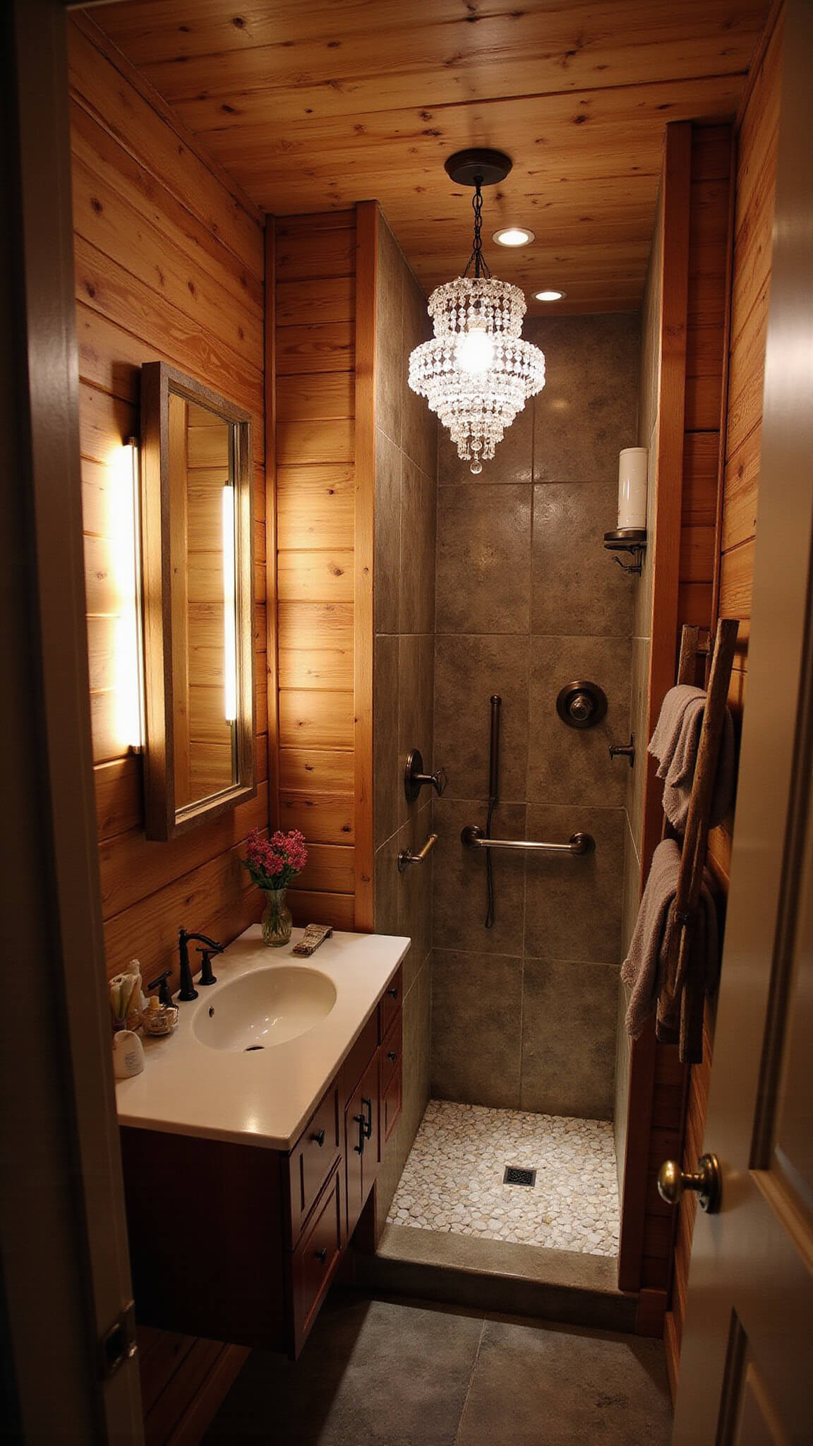 Overhead view of a cozy cabin bathroom with ambient LED lighting, crystal chandelier shadows on cedar walls, corner rainfall shower, and vintage ladder towel rack.