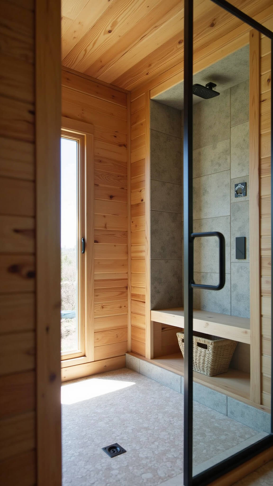 Eye-level view of a cedar-planked shower corner with stone niches, herringbone stone tile flooring, matte black glass door hardware, and woven baskets on floating shelves, bathed in natural midday light.