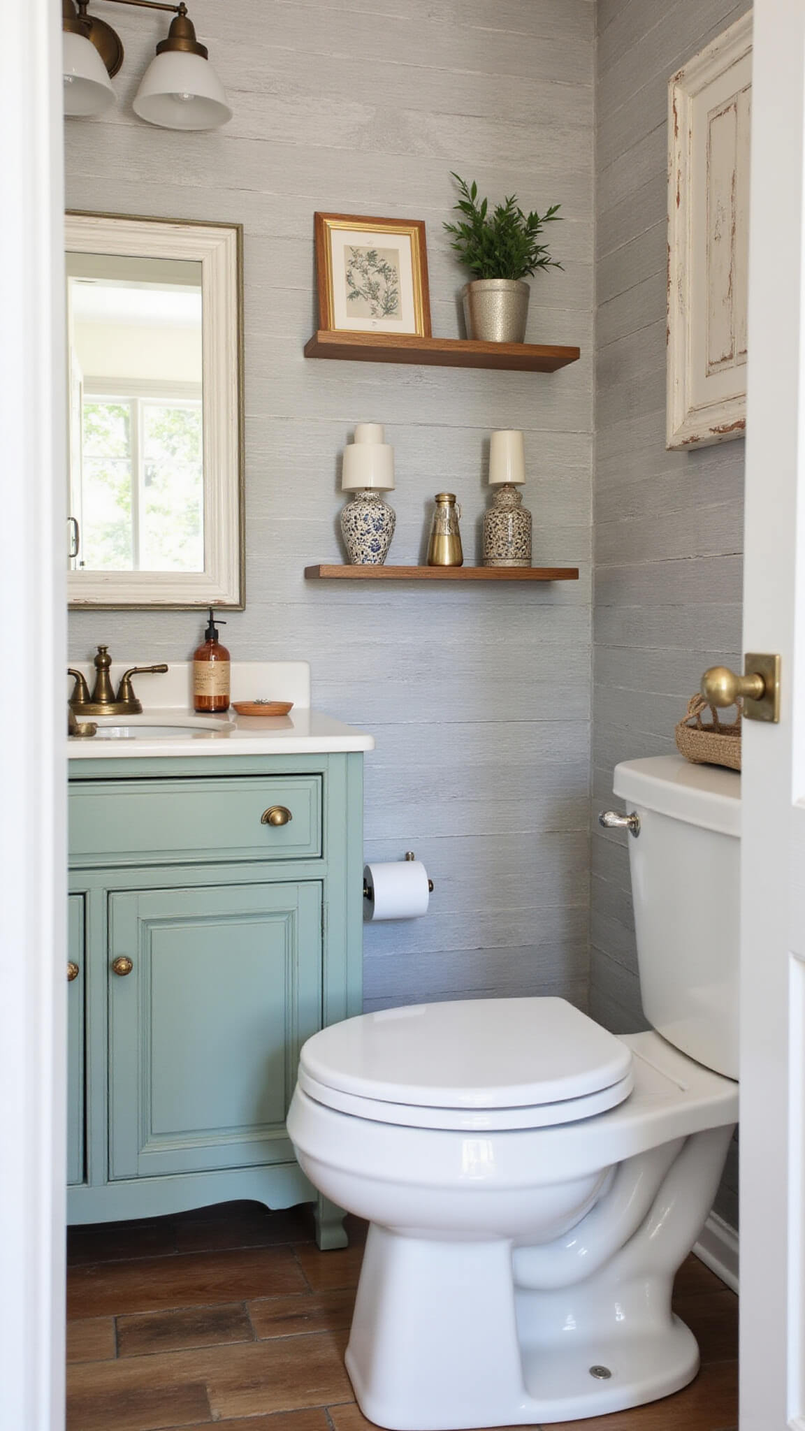 Budget-friendly cabin bathroom makeover with sage green vanity, peel-and-stick wood-look wallpaper, vintage accessories, and natural morning light.