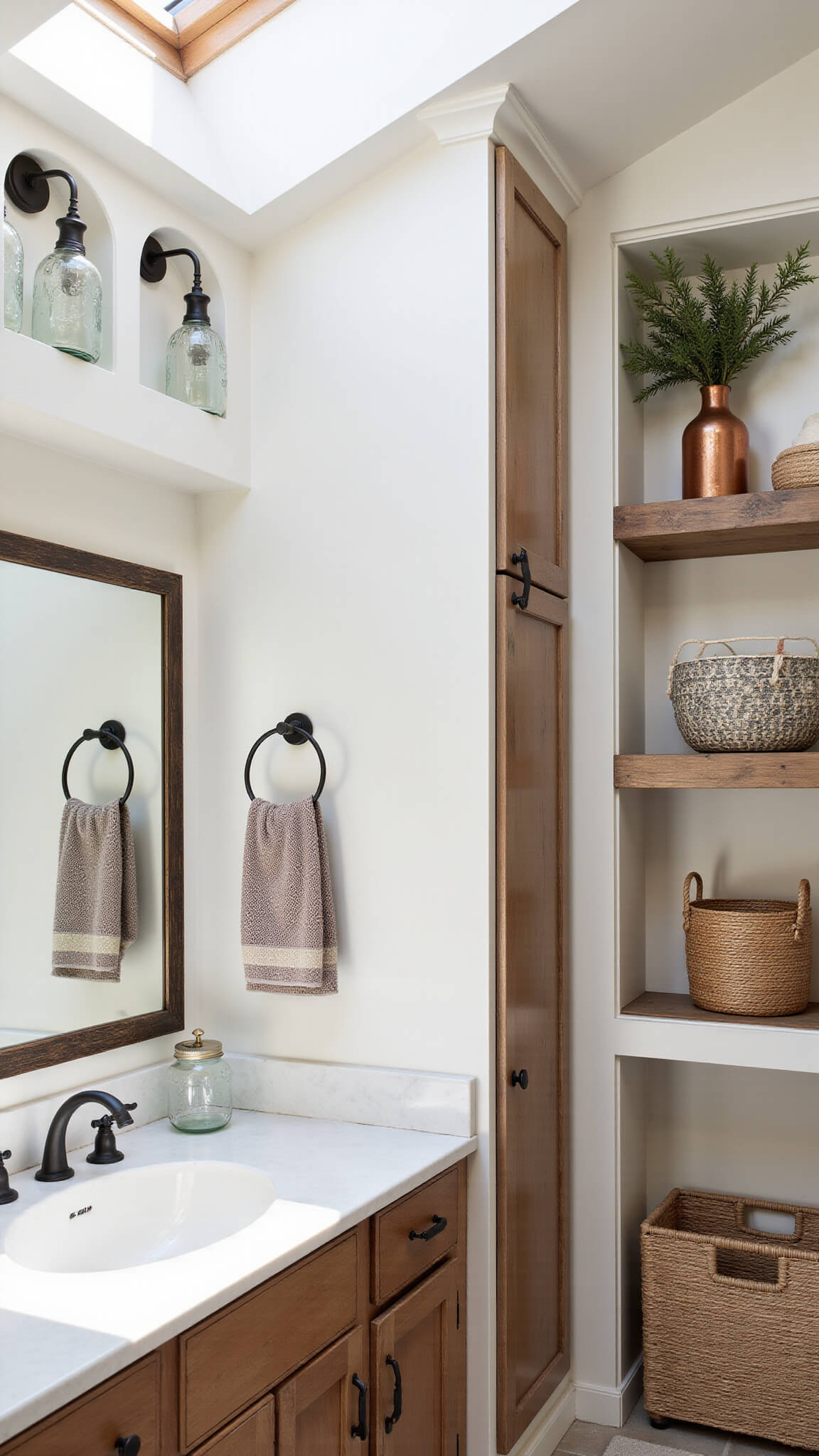 Rustic storage setup with built-in wall niches holding vintage mason jars, iron towel rack with Turkish towels, natural fiber baskets on reclaimed wood shelves, and pine branches in a copper vase, lit by afternoon sunlight through skylight.