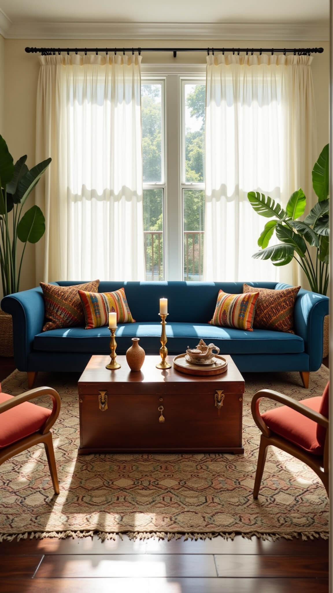 Sunlit living room with indigo velvet sofa, carved wooden coffee table, Kente and jute rugs, rattan chairs with mud cloth pillows, and lush green plants in warm, inviting natural light.